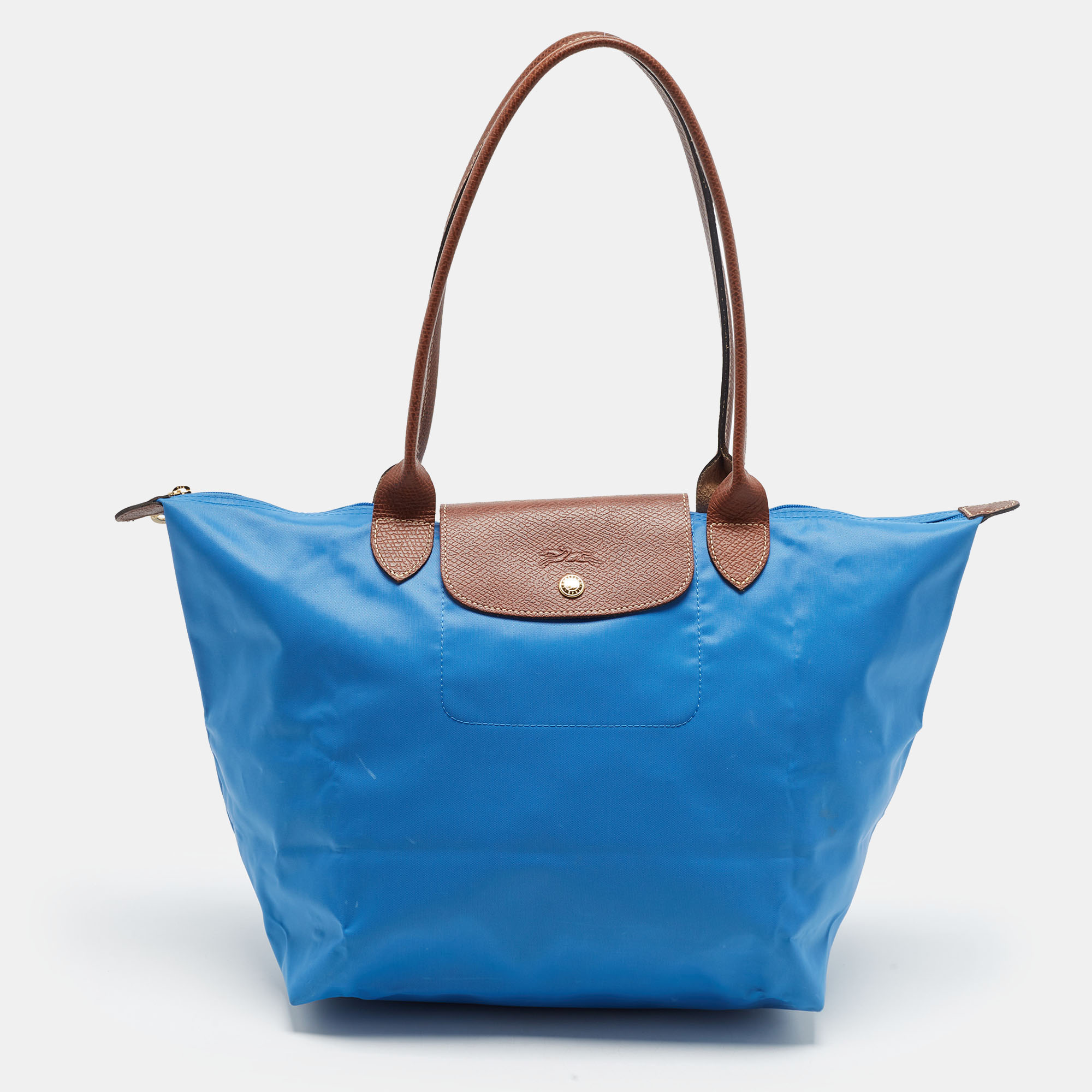 Longchamp Le Pliage Large Blue Nylon and Leather Tote