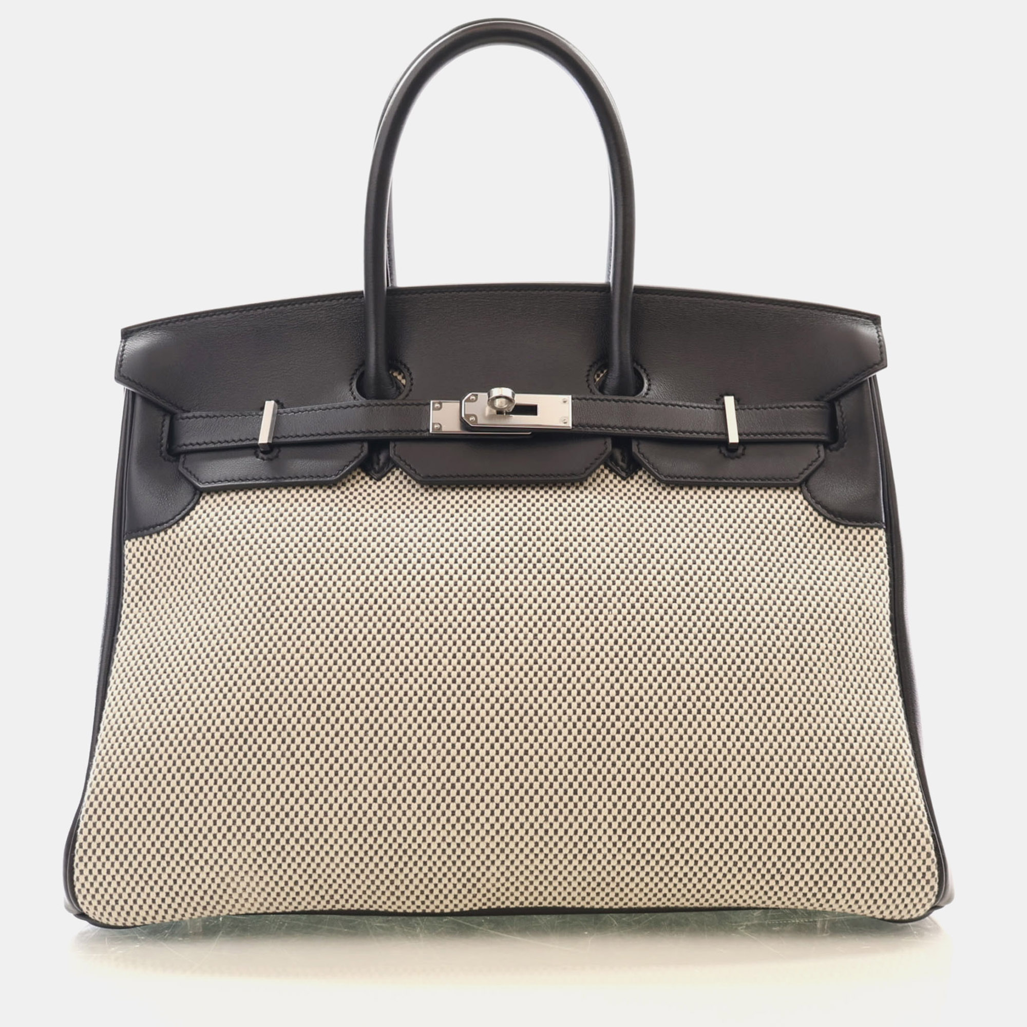 Hermes Birkin 35 Noir ecru Swift Leather Toile H Top Handle Bag