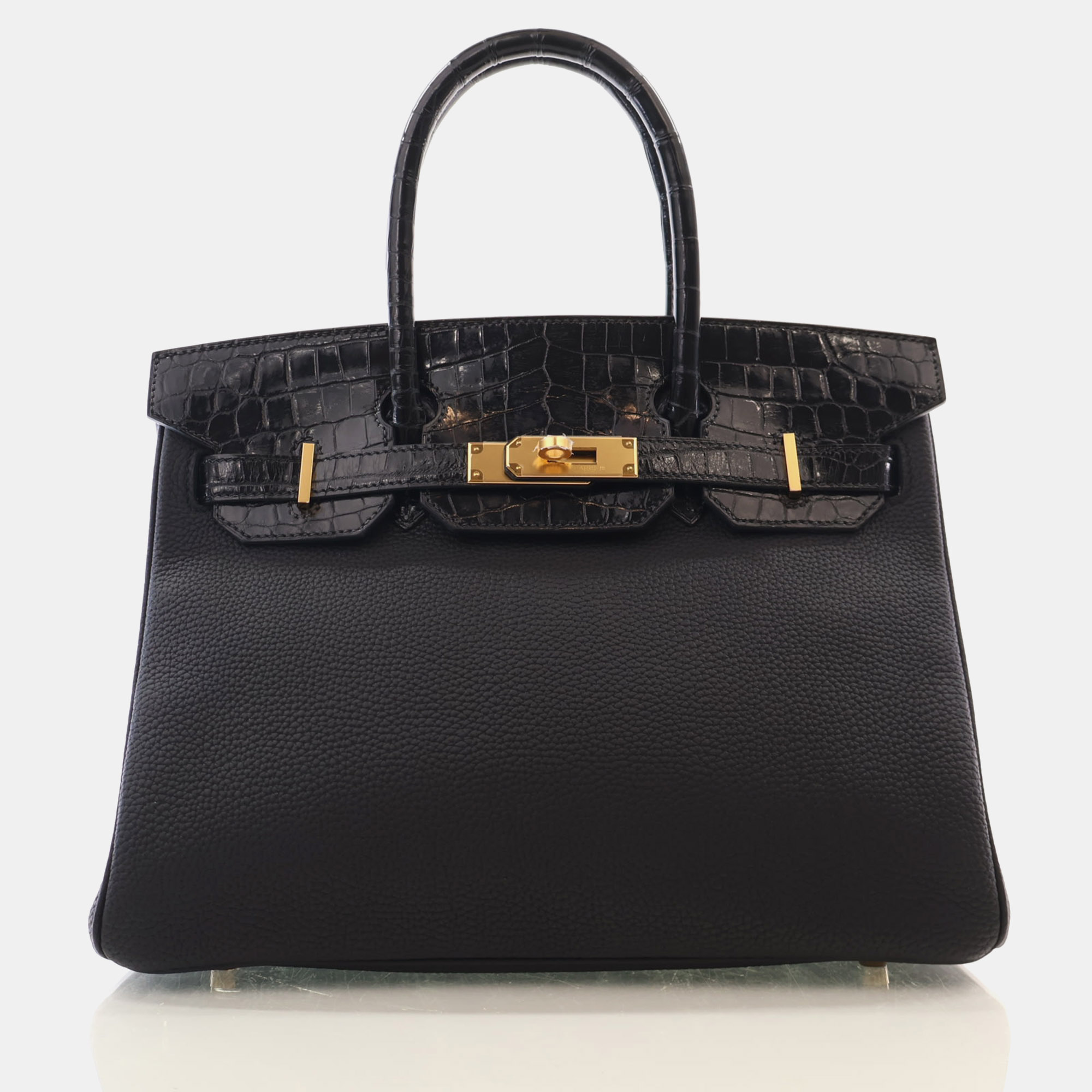 Hermes Birkin 30 Touch Noir Togo Calfskin Leather Shiny Niloticus Crocodile Gold Hardware Top Handle Bag