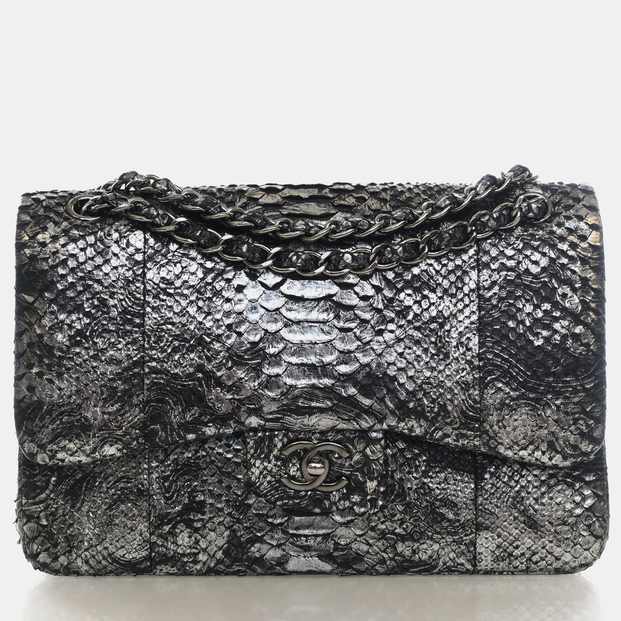 Chanel Classic Double Flap Jumbo Metallic Silver Black Python Shoulder Bag