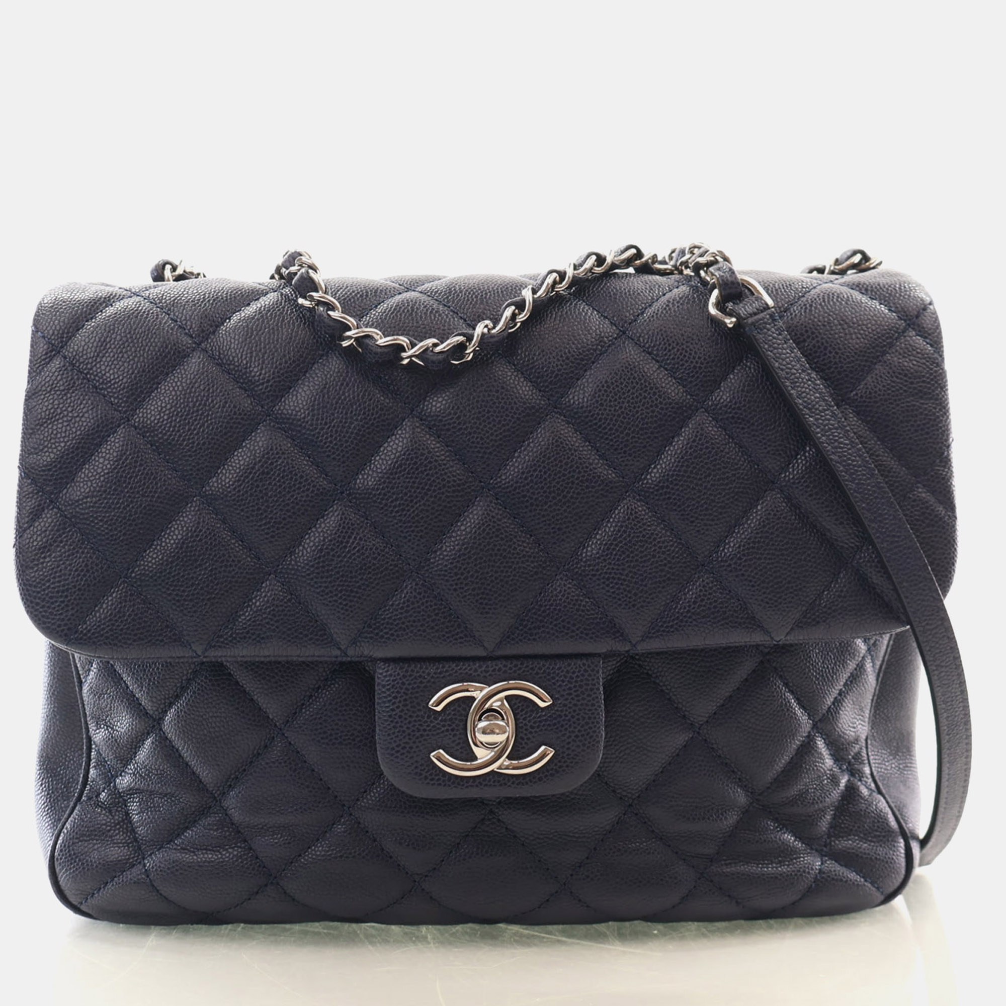 Chanel Classic Double Flap Jumbo Blue Caviar Leather Shoulder Bag