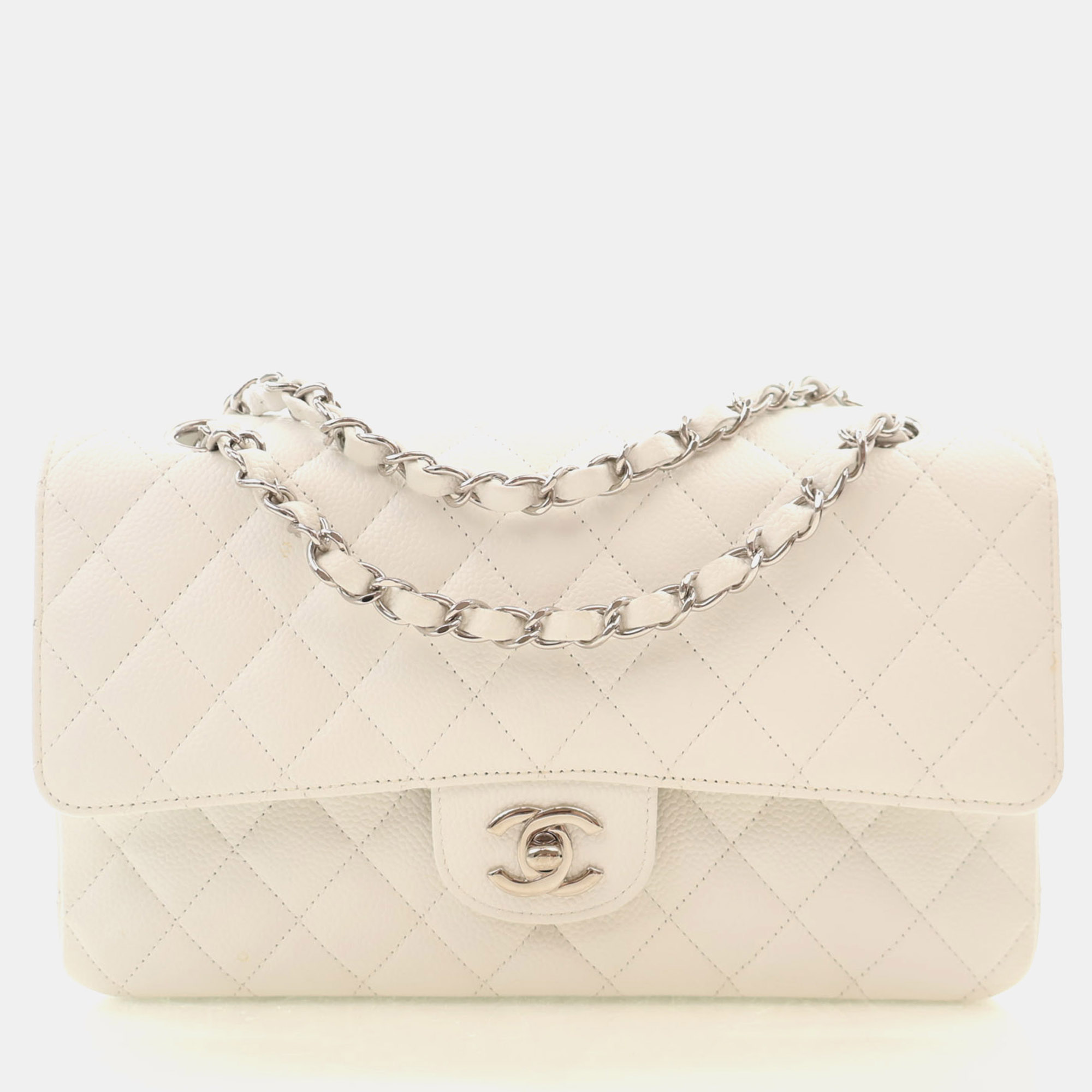 Chanel Classic Double Flap Medium White Caviar Grained Calfskin Shoulder Bag