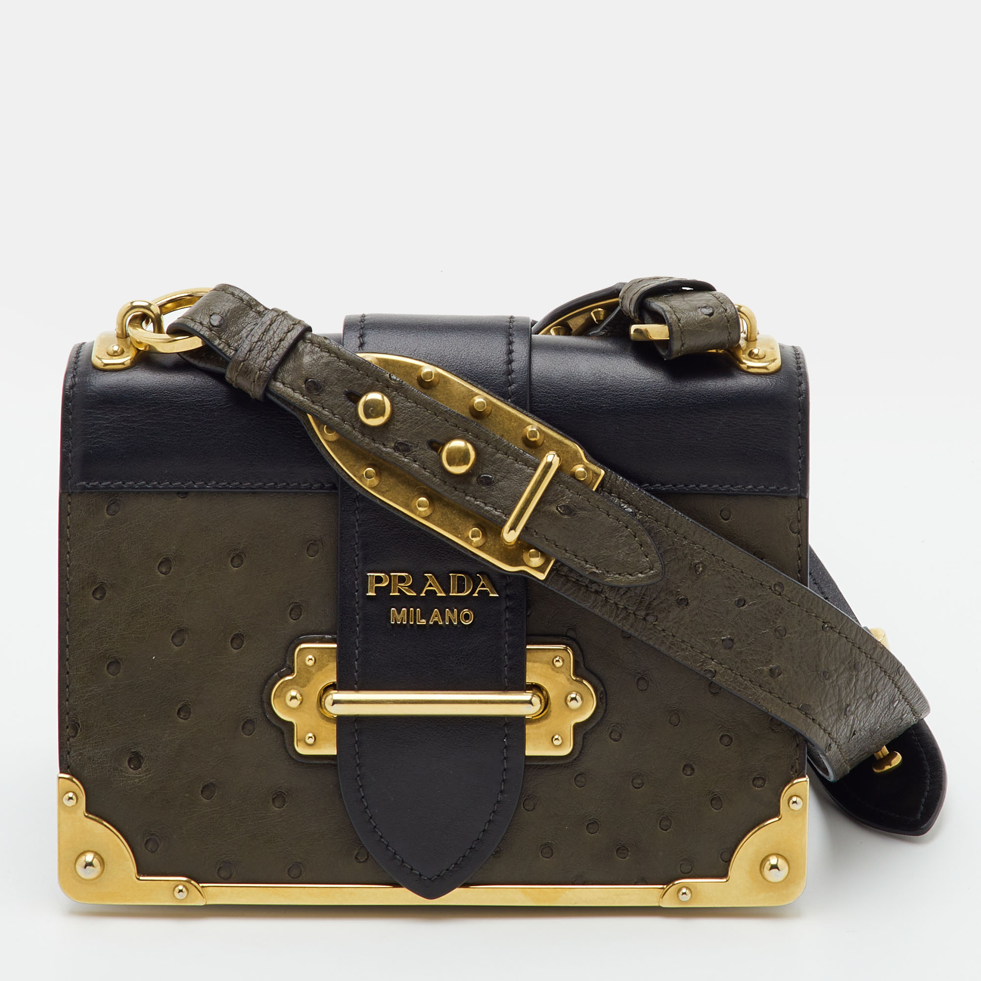 Prada Cahier Olive Green/Black Leather and Ostrich Crossbody Bag