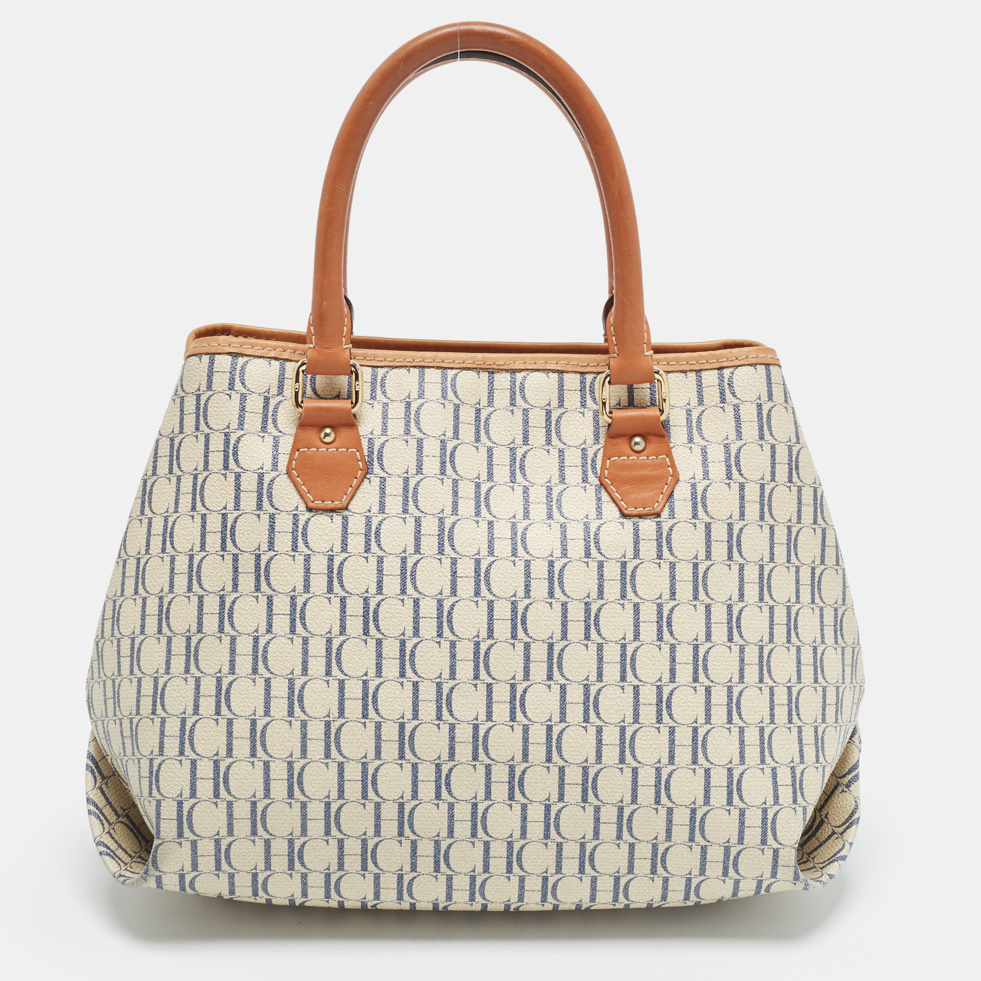 CH Carolina Herrera Cream/Blue Signature Coated Canvas and Leather Tote