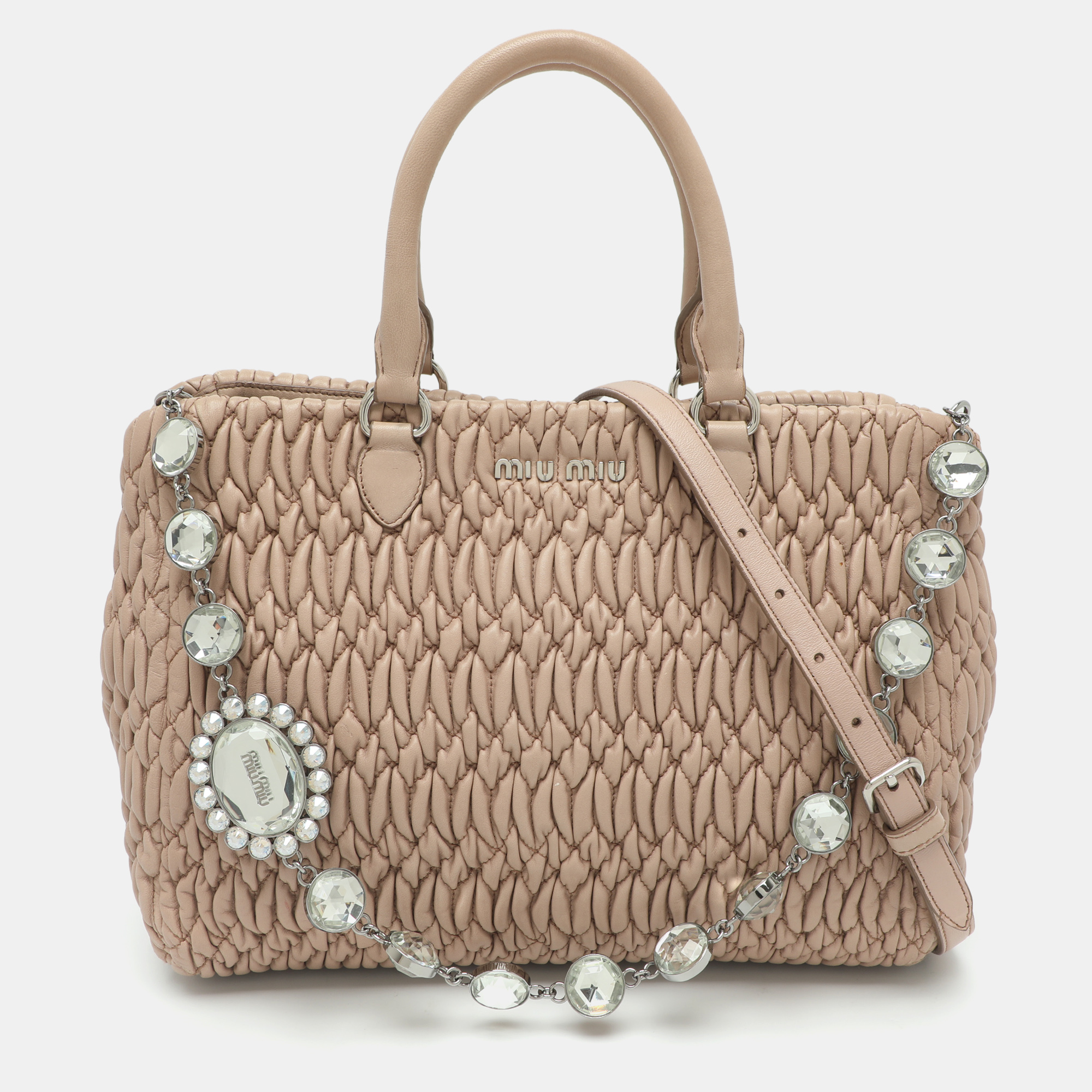 Miu Miu Crystal Embellished Beige Matelasse Leather Tote