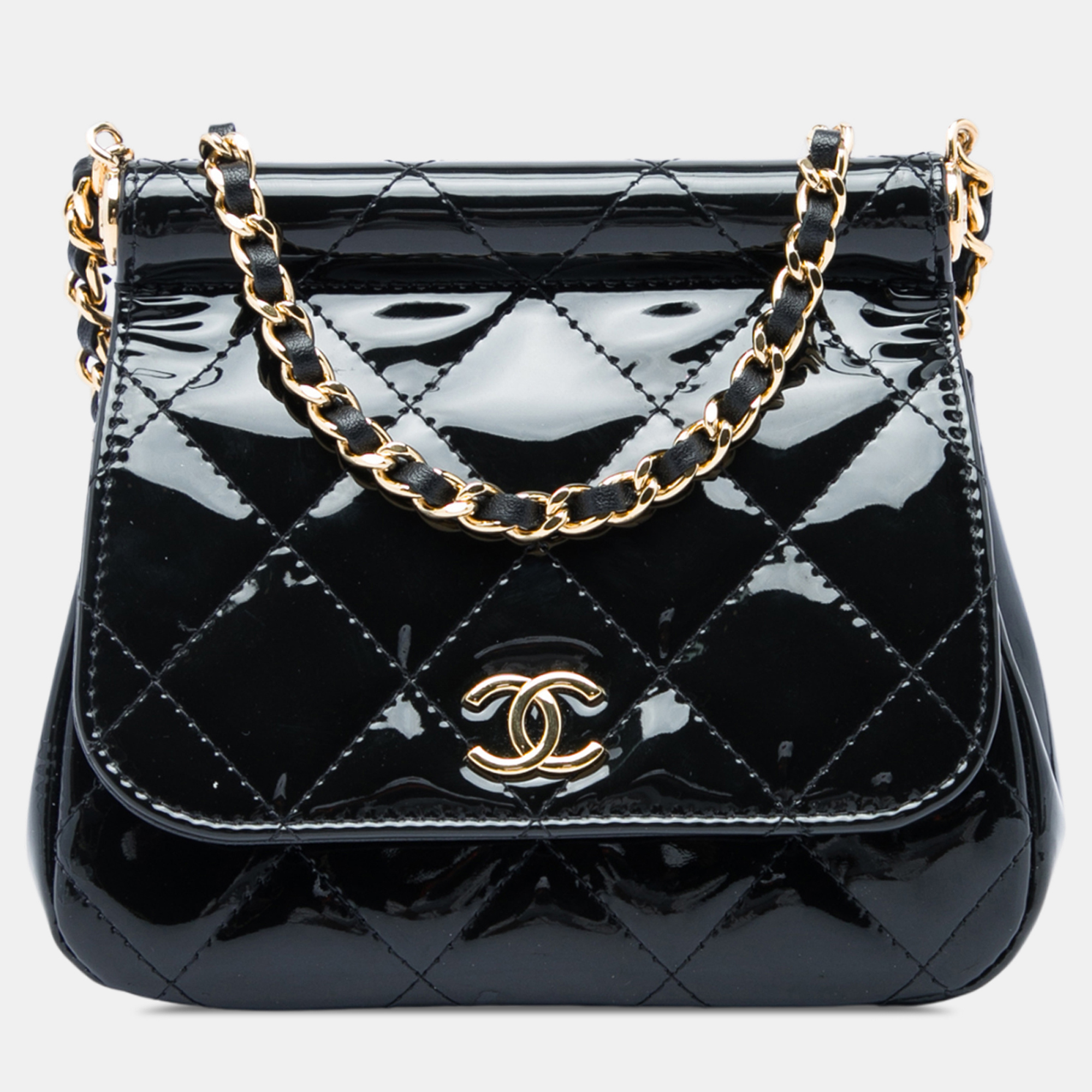 Chanel CC Quilted Patent Frame Flap Clutch with Chain Black Patent Leather Bag