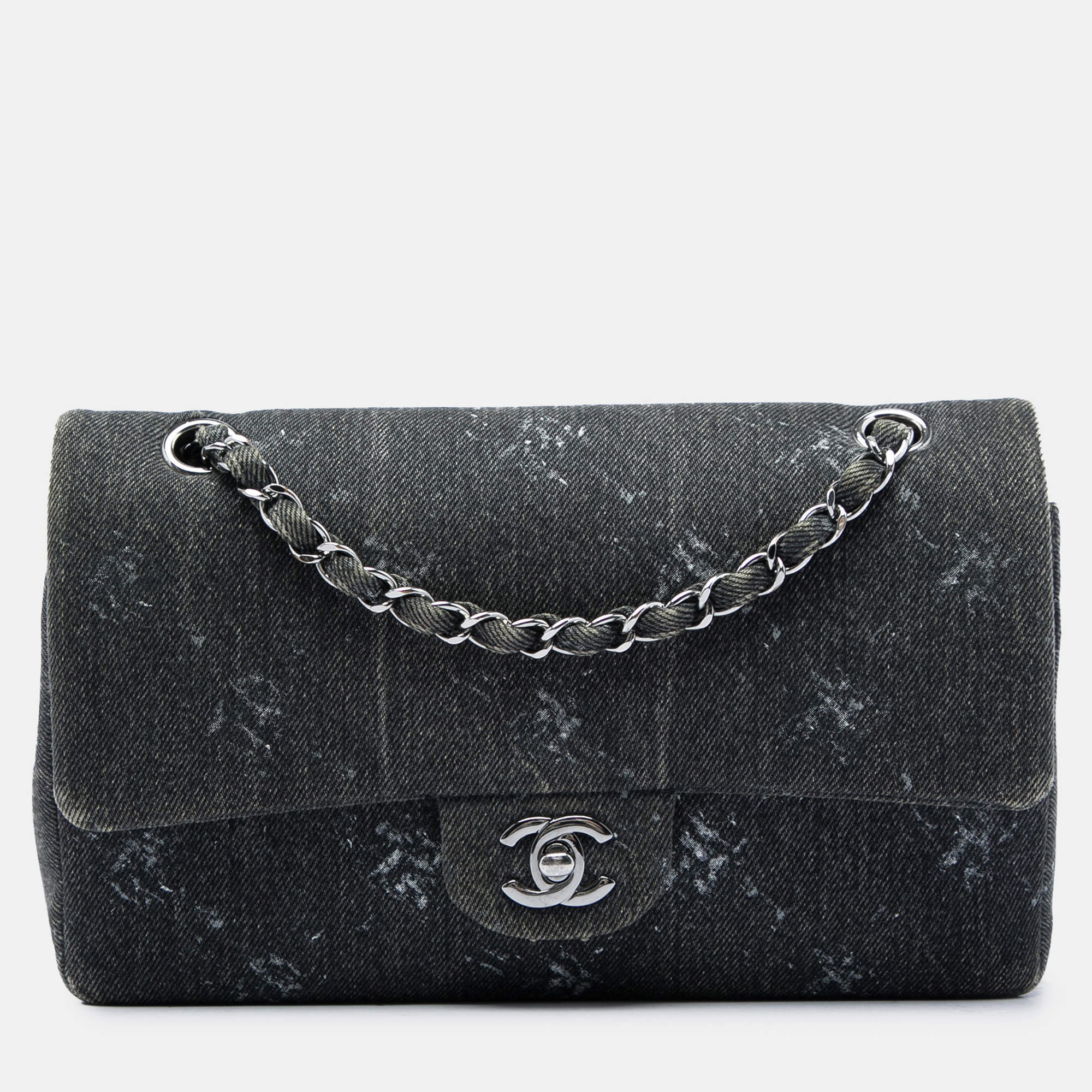 Chanel Classic Medium Charcoal Black Printed Denim Gunmetal Hardware Double Flap Shoulder Bag