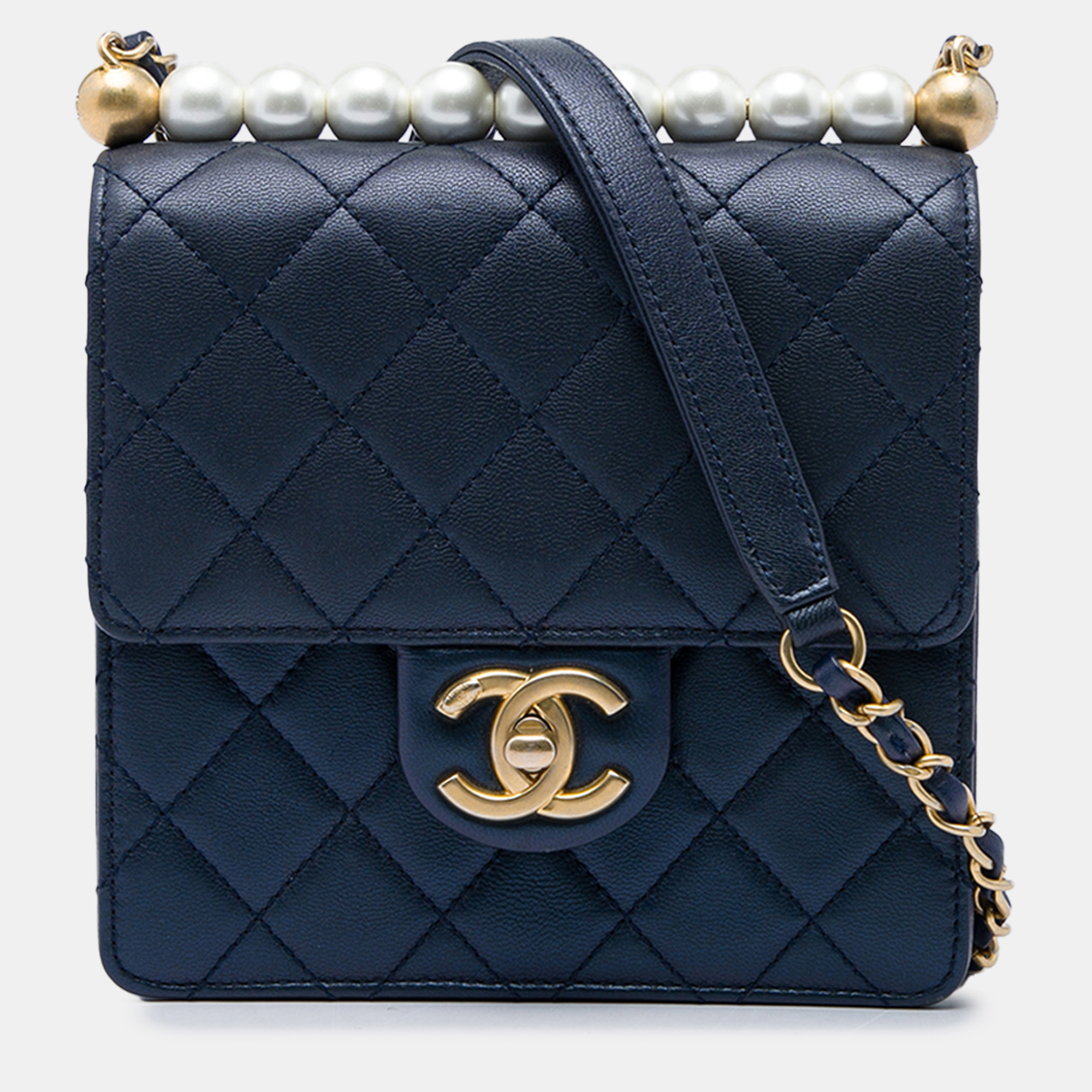 Chanel Small Chic Pearls Flap Navy Quilted Lambskin Leather Shoulder Bag