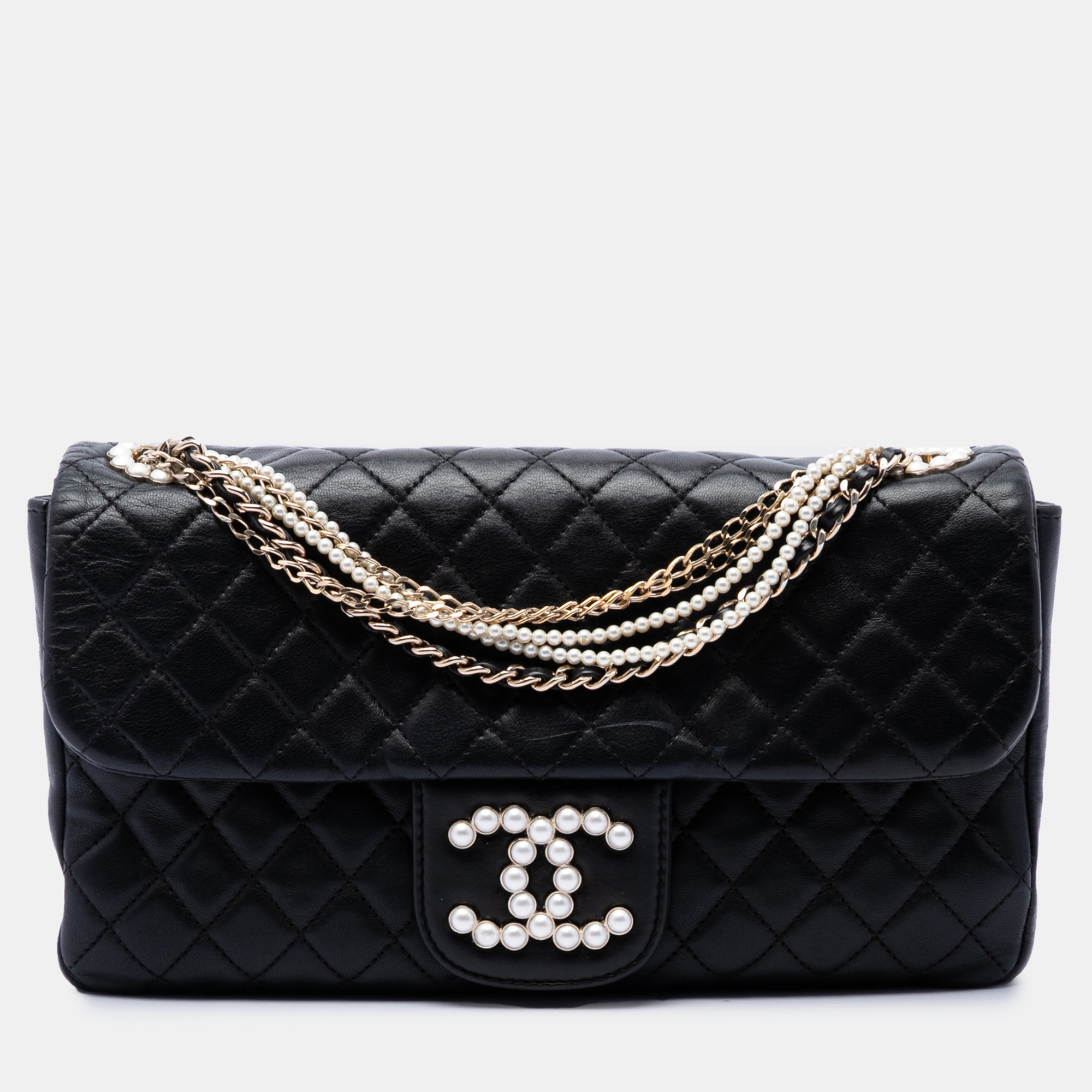 Chanel Westminster Medium Black Quilted Lambskin Faux Pearl Flap Bag