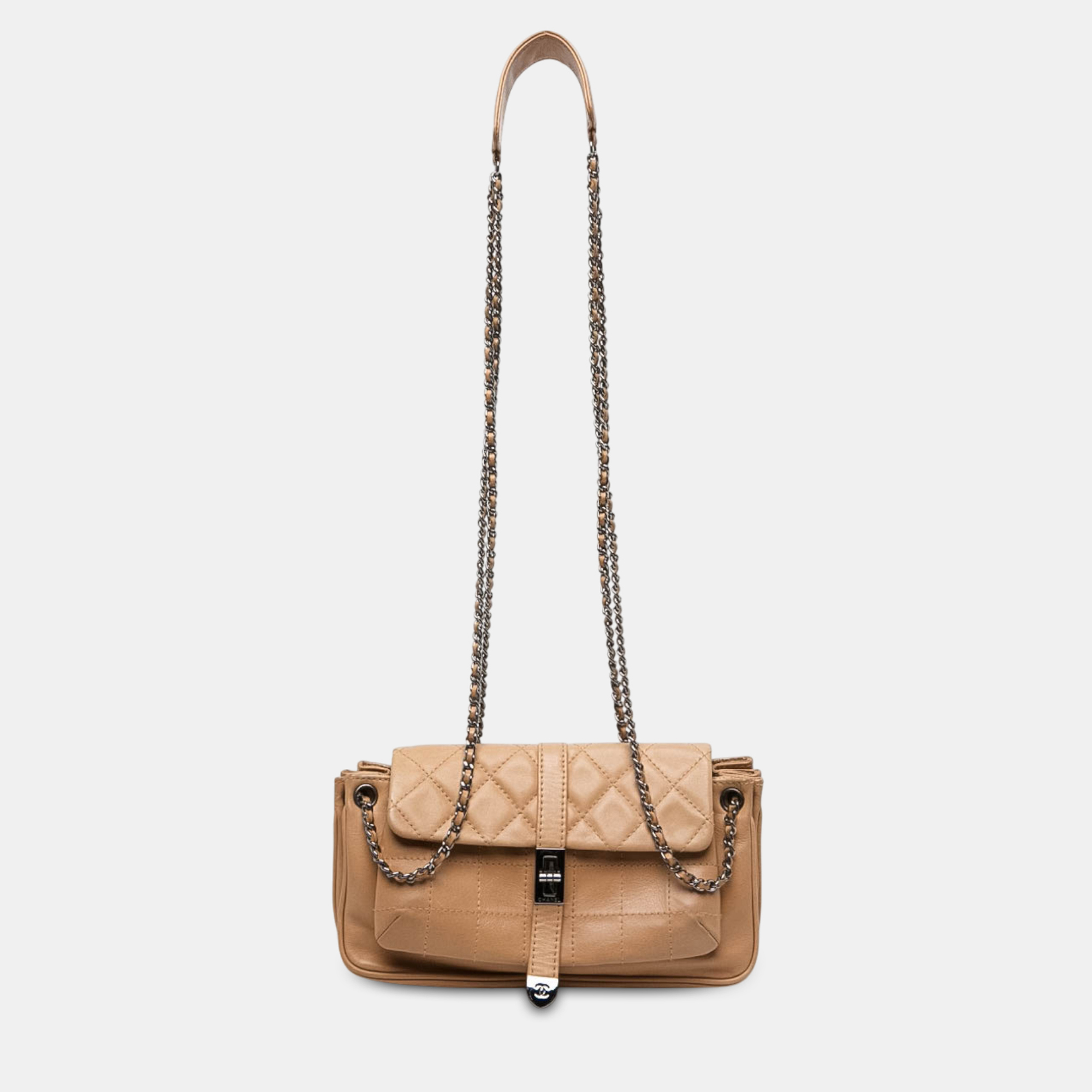 Chanel Mademoiselle Lock Accordion Flap Medium Brown Quilted Lambskin Leather Shoulder Bag