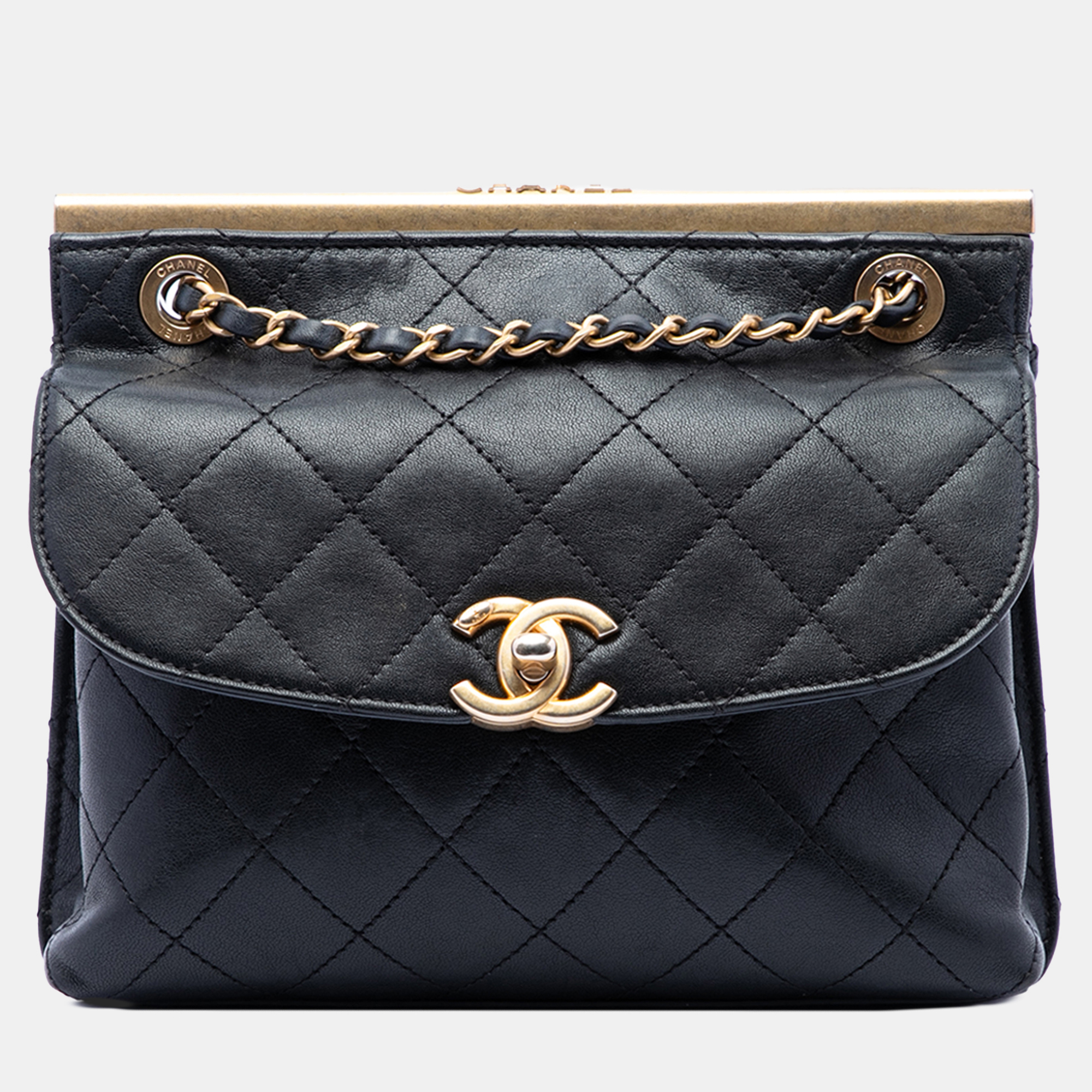 Chanel CC Quilted Calfskin Double Sided Metal Frame Flap Small Black Crossbody Bag