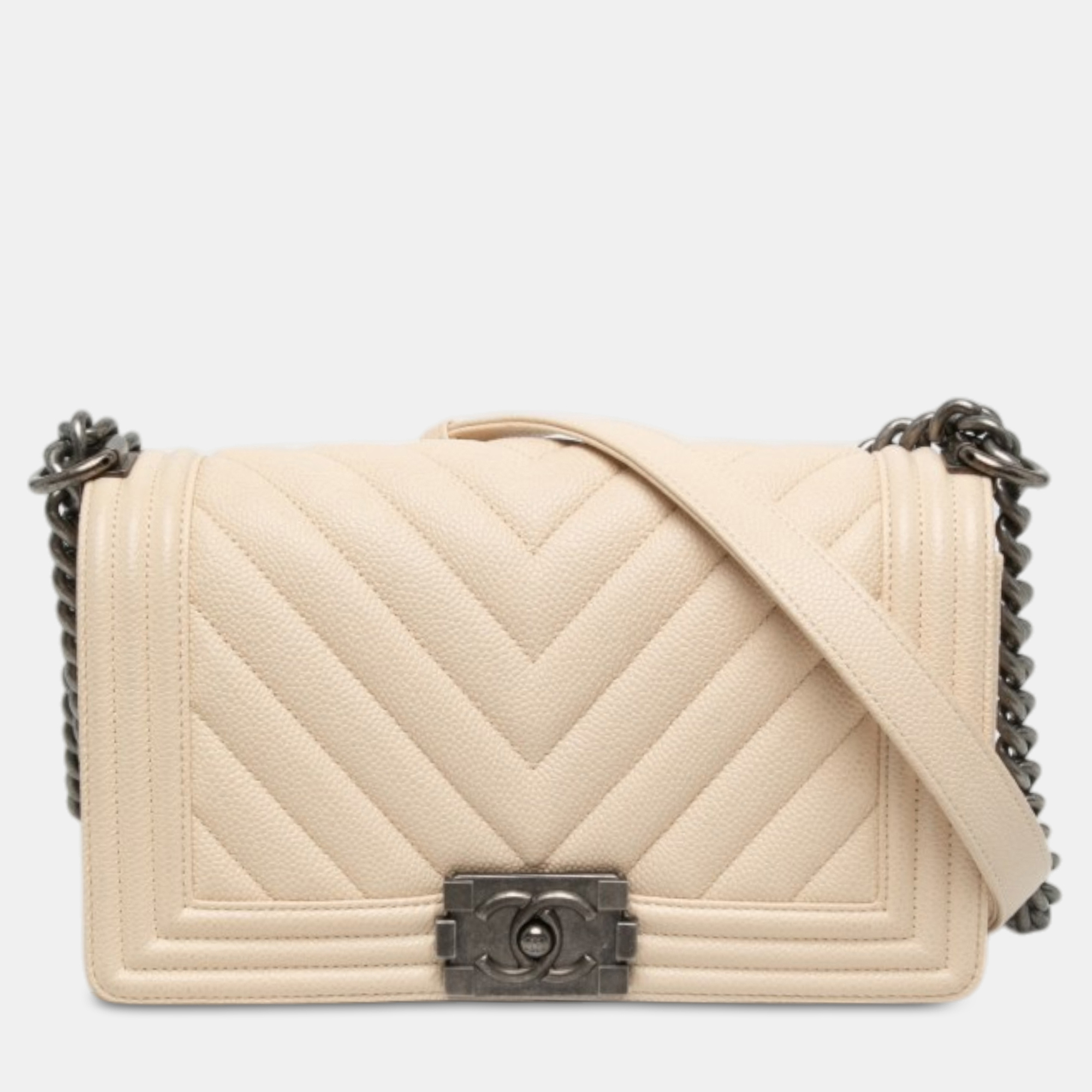 Chanel Boy Old Medium Beige Caviar Leather Crossbody Bag