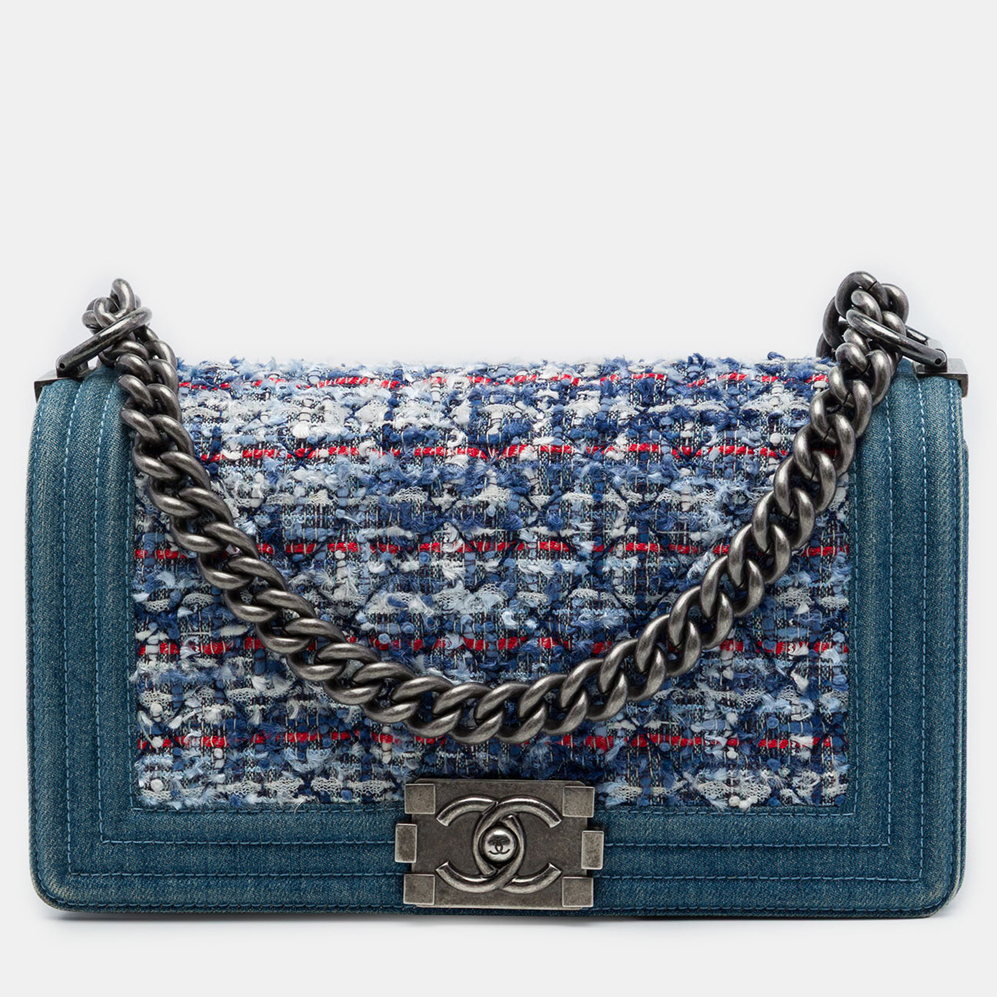Chanel Boy Old Medium Blue Denim Tweed Ruthenium Hardware Flap Bag