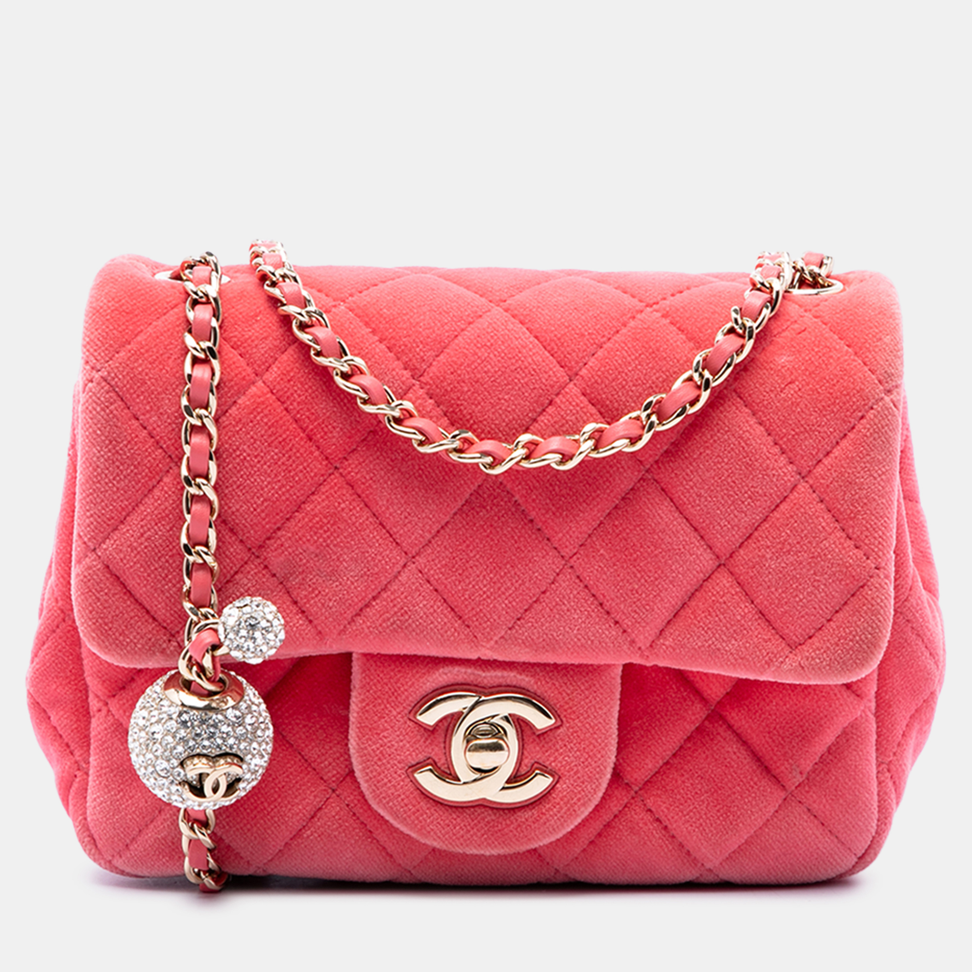 Chanel Classic Pearl Crush Mini Square Pink Velvet Single Flap Bag