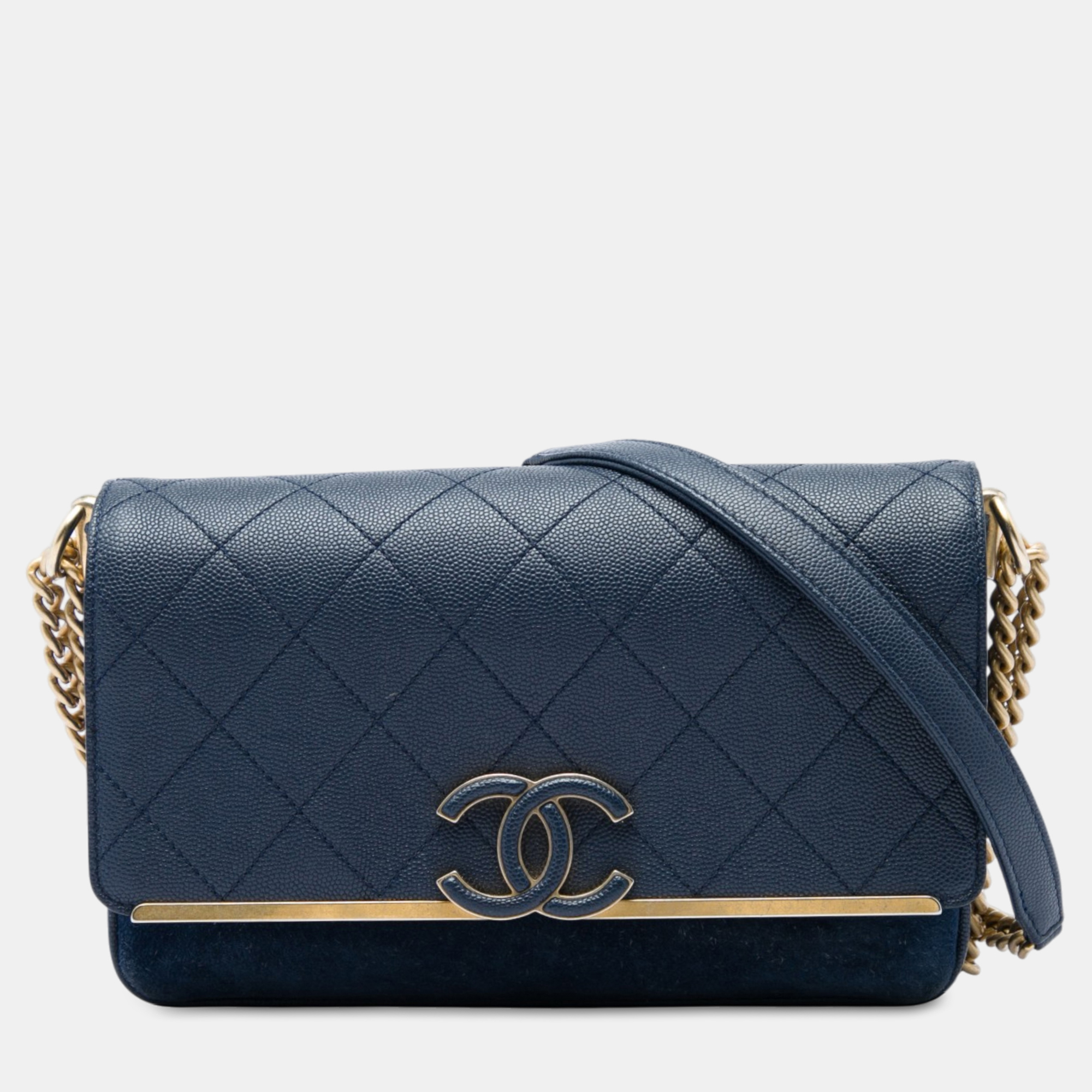 Chanel Lady Coco Medium Blue Caviar Leather Suede Shoulder Bag