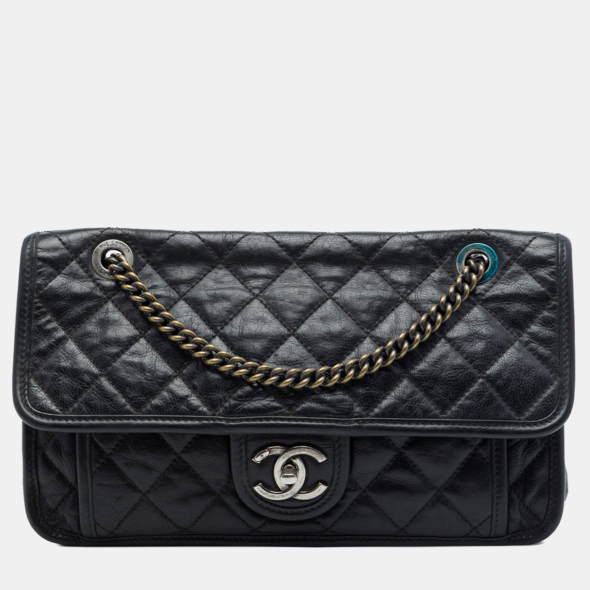 Chanel French Riviera Flap Medium Black Quilted Calfskin Leather Shoulder Bag