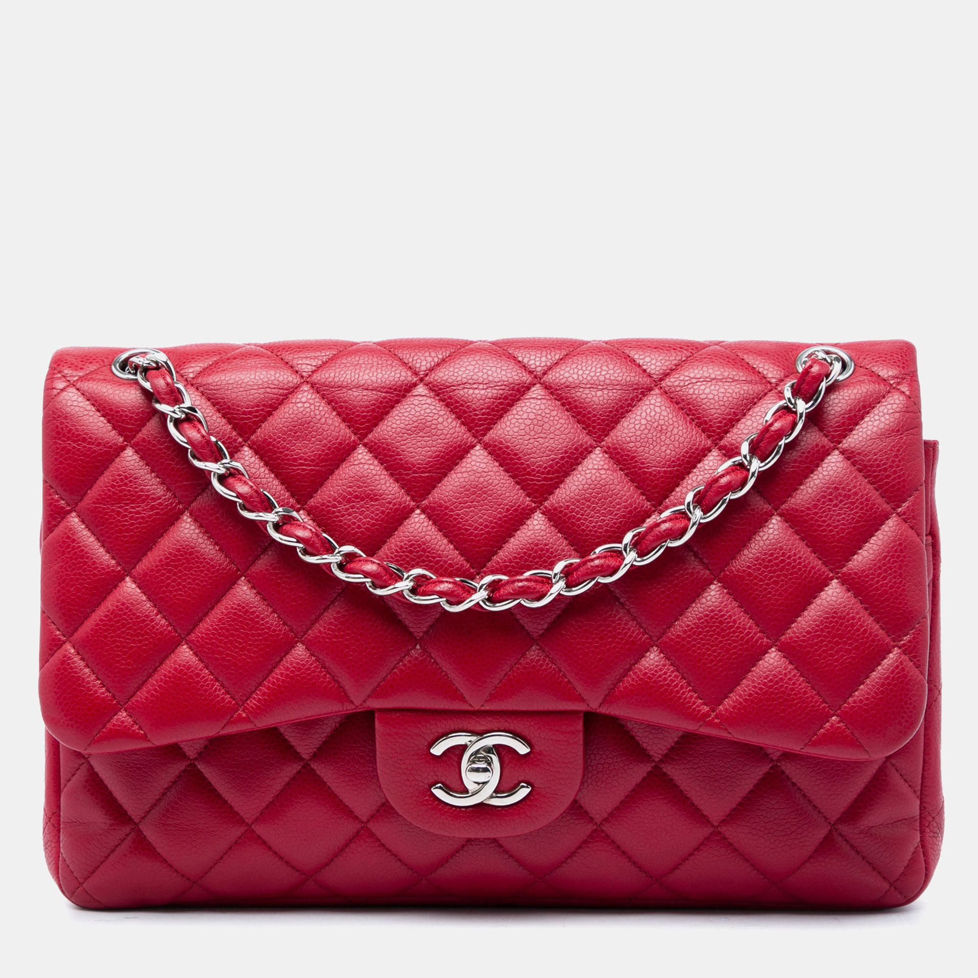 Chanel Red Chanel Classic Double Flap Jumbo Red Caviar Leather Shoulder Bag
