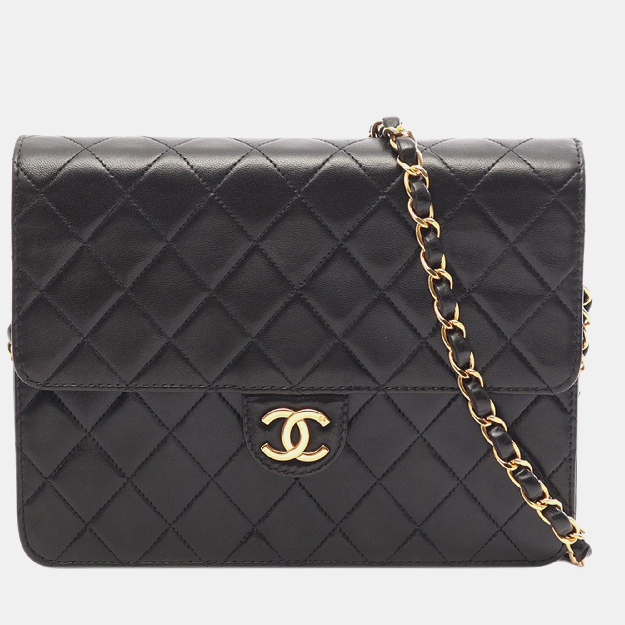Chanel Vintage Quilted Single Flap Small Black Lambskin Leather Shoulder Bag