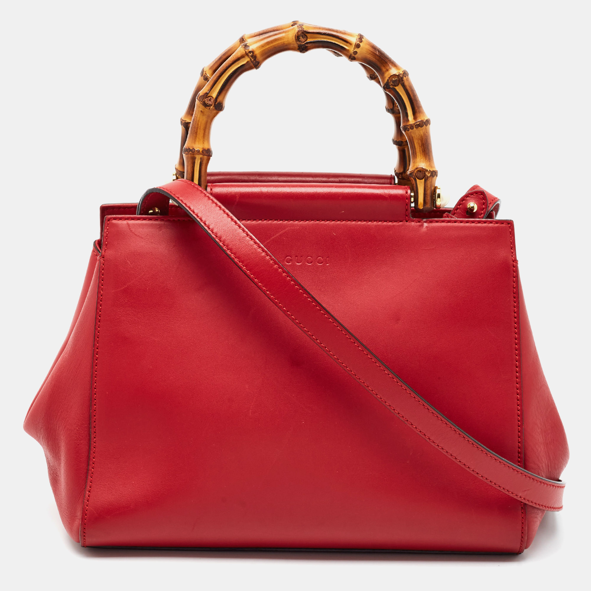 Gucci Nymphaea Small Red Leather Bamboo Tote