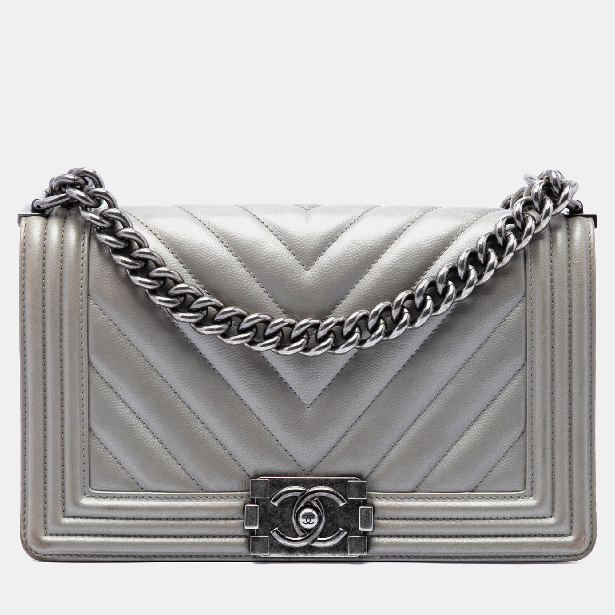 Chanel Boy Old Medium Grey Chevron Caviar Leather Shoulder Bag