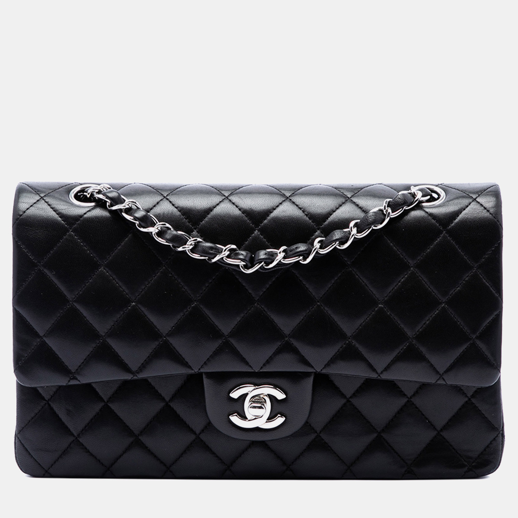 Chanel Black Chanel Classic Medium Black Lambskin Silver Hardware Double Flap Shoulder Bag