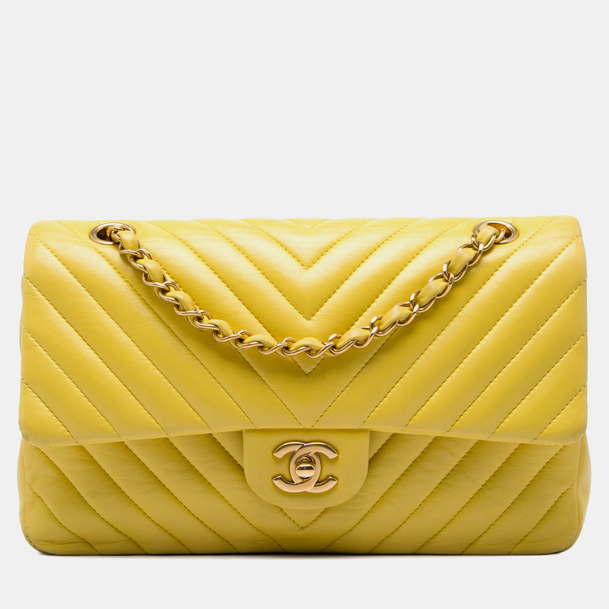 Chanel Classic Chevron Medium Yellow Lambskin Double Flap Bag