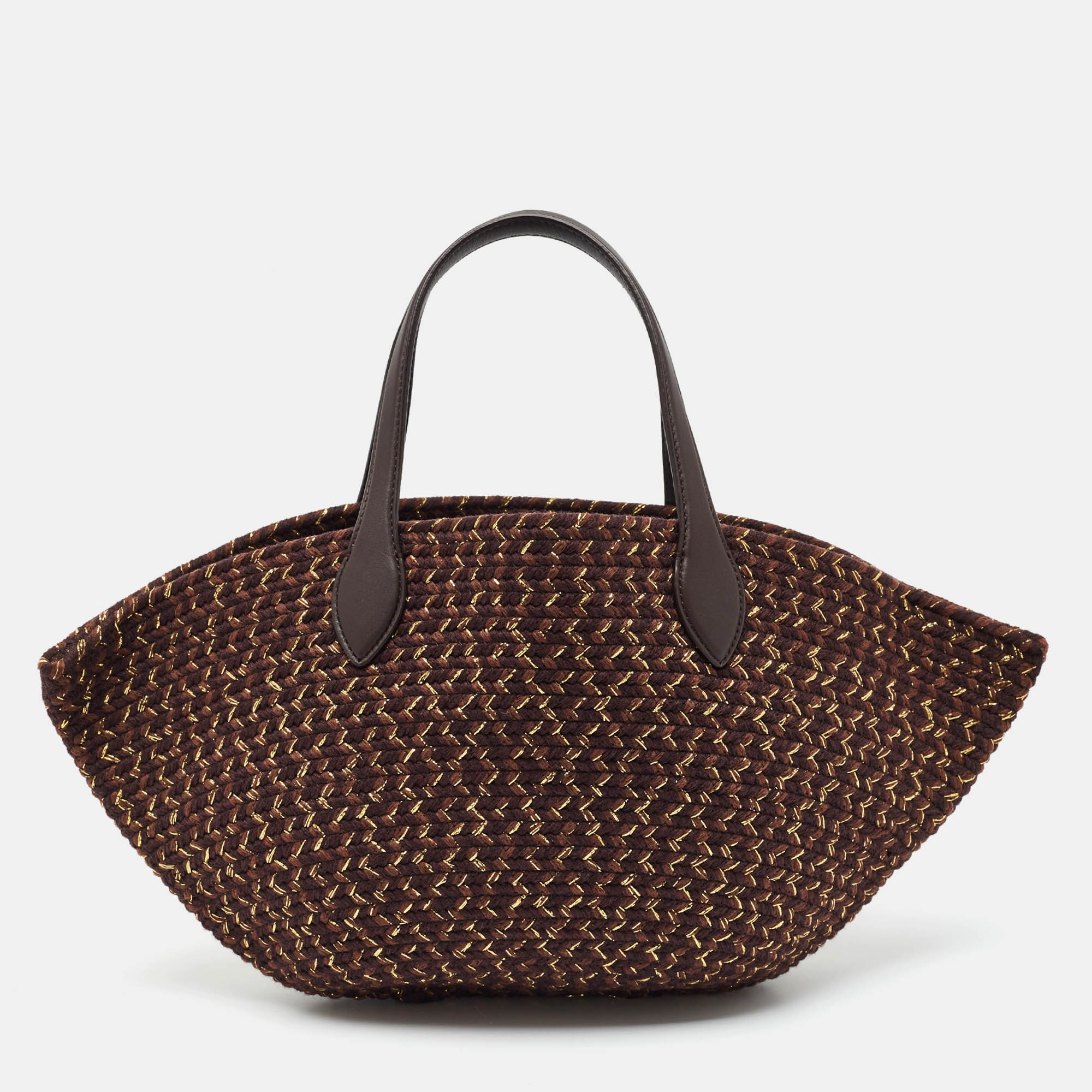 Loro Piana Dark Brown/Gold Woven Canvas and Leather Beach Bag