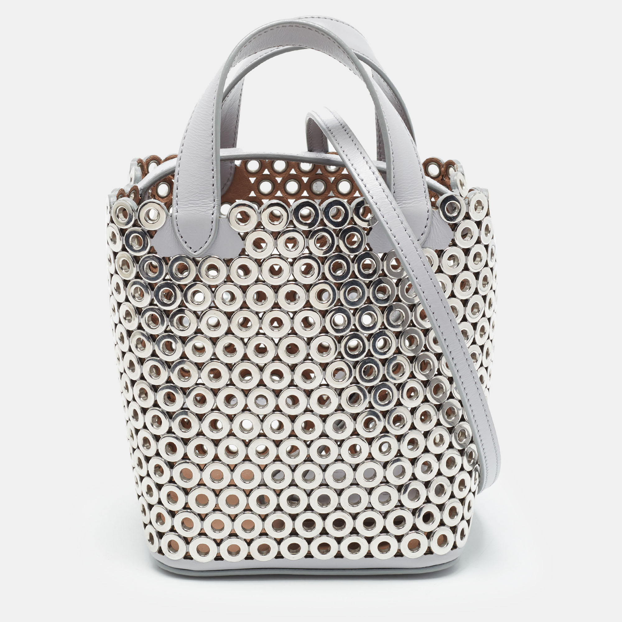 Alaia Eyelet Embellished Pale Purple Leather Bucket Bag