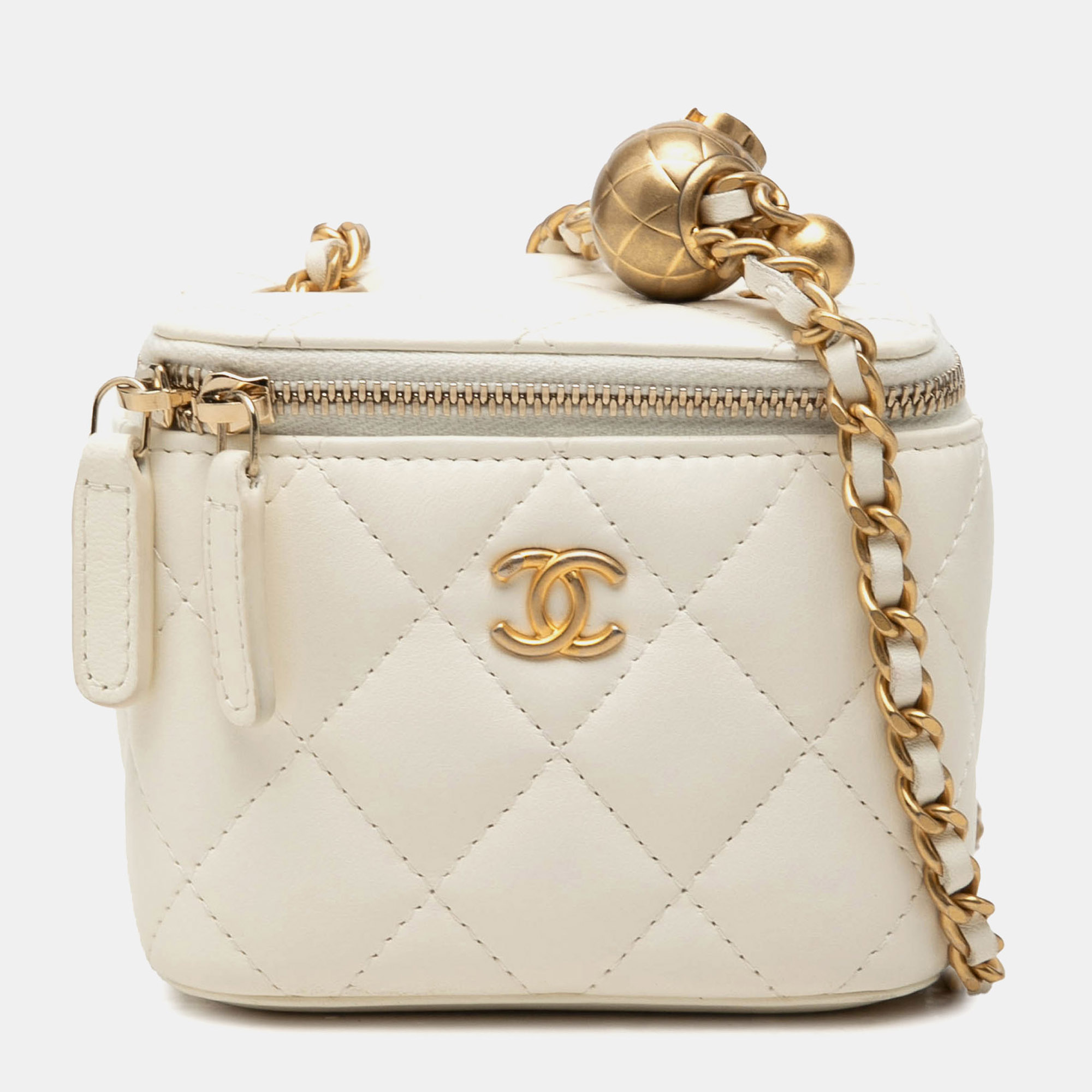 Chanel Mini CC Quilted Pearl Crush Vanity Case White Lambskin Crossbody Bag