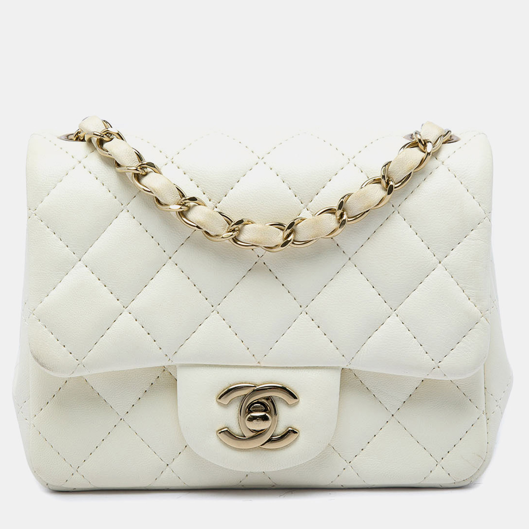 Chanel Classic Mini Square White Lambskin Leather Flap Bag