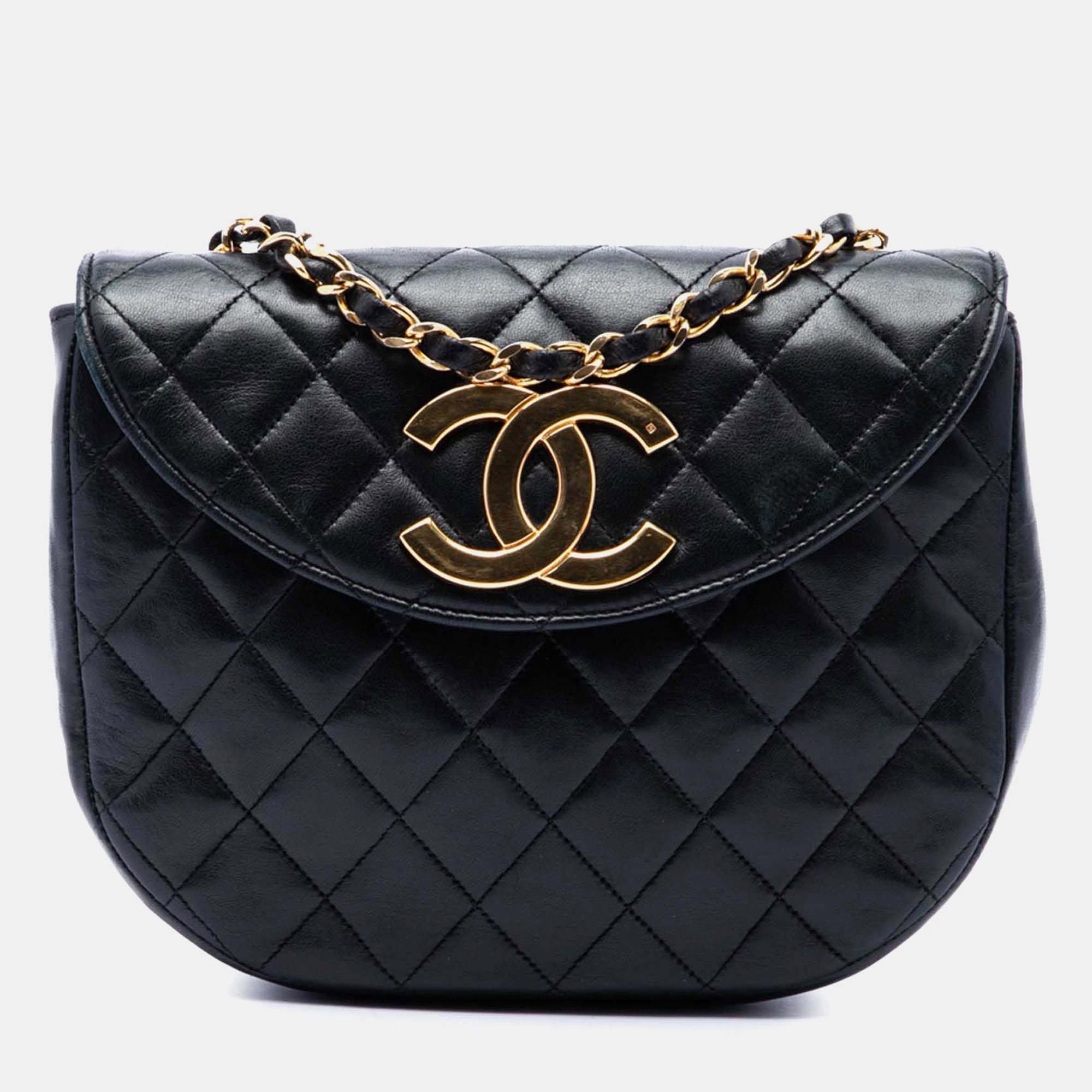 Chanel Vintage XL CC Quilted Black Lambskin Round Flap Shoulder Bag