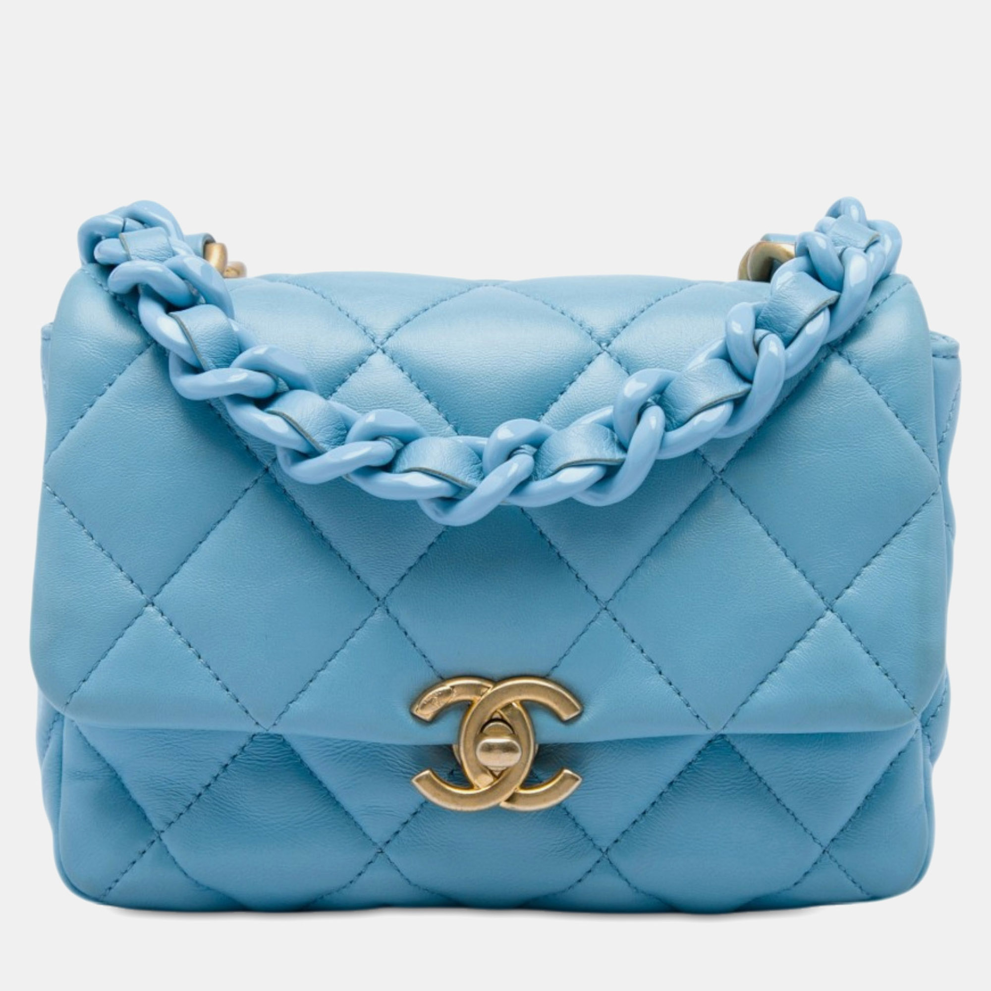 Chanel Mini Quilted Lambskin Lacquered Chain Flap Blue Lambskin Leather Crossbody Bag