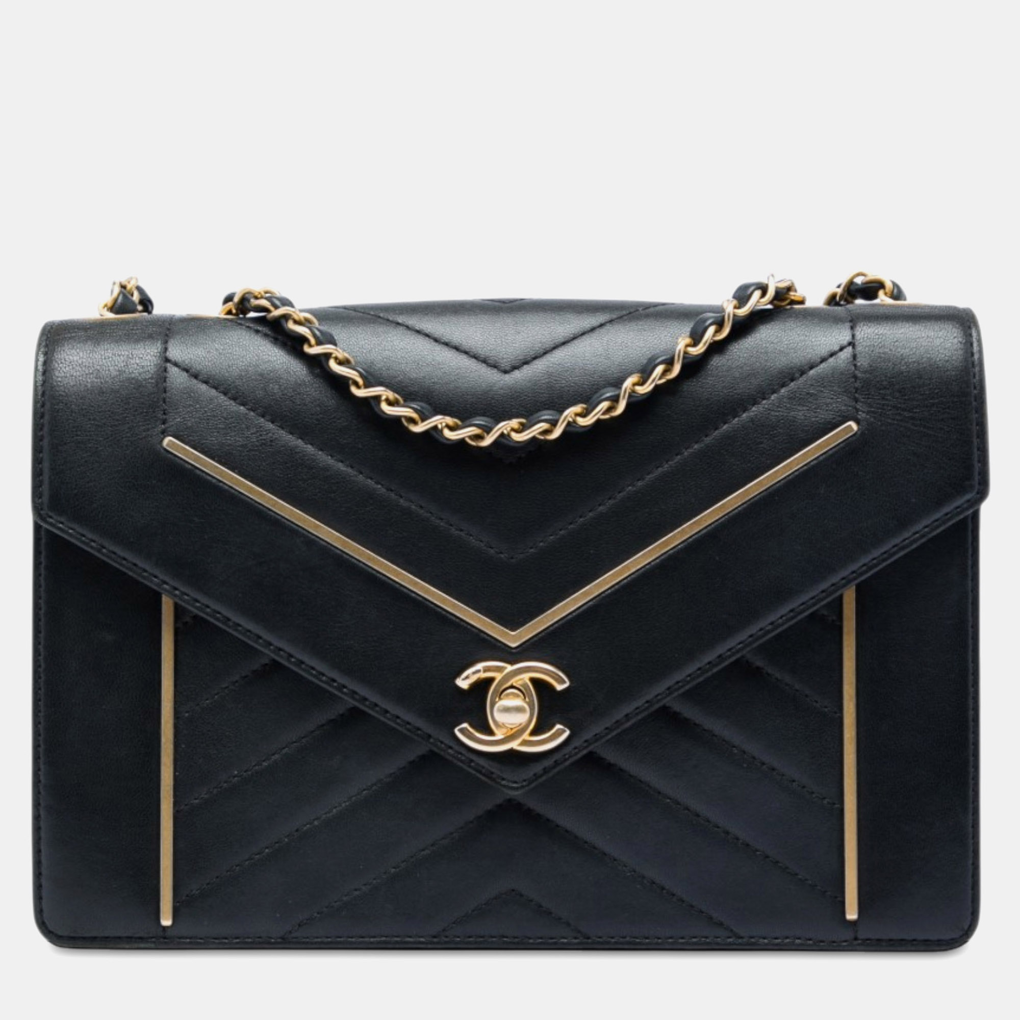 Chanel Reversed Chevron Medium Black Lambskin Leather Flap Shoulder Bag