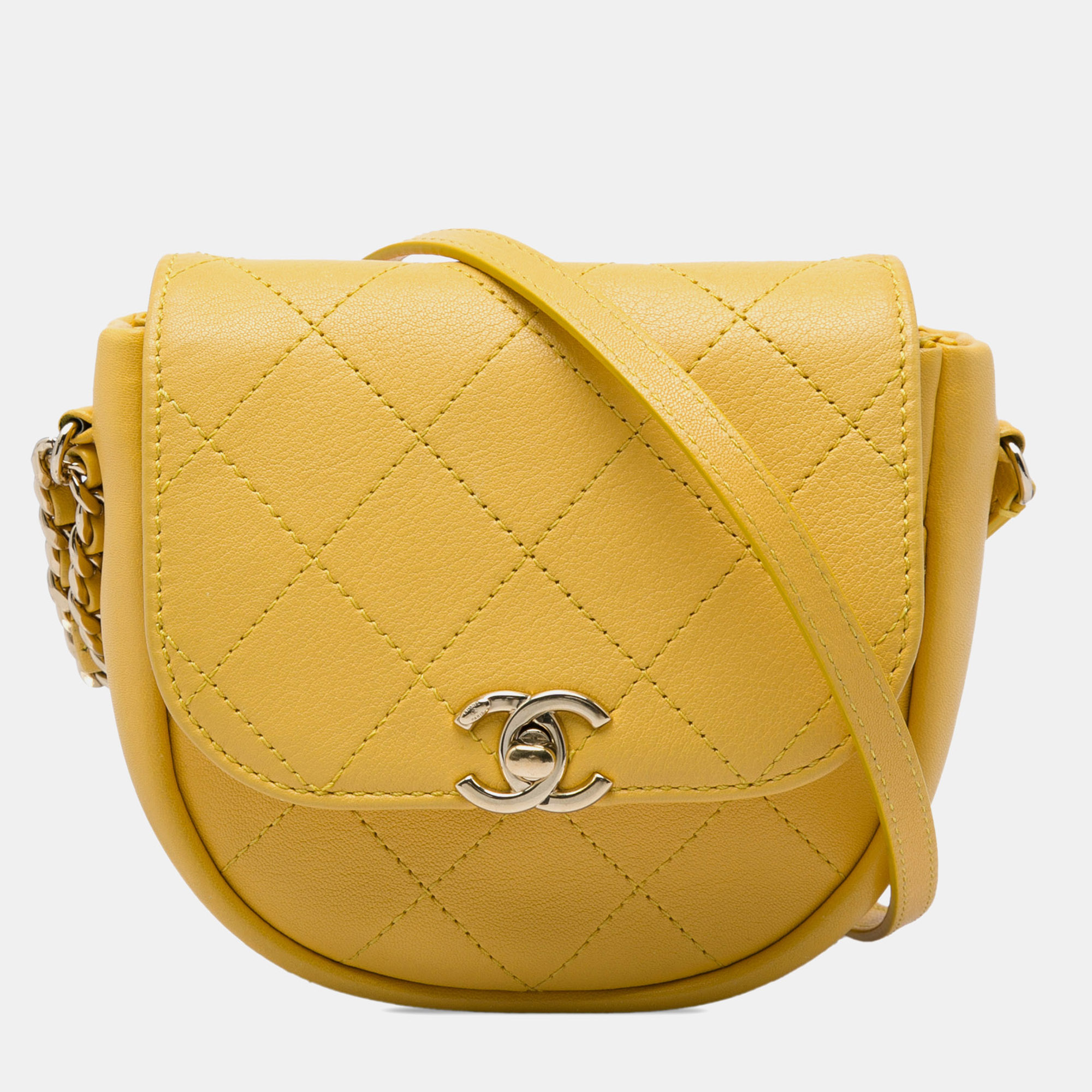 Chanel Stitched Goatskin Casual Trip Flap Small Yellow Goatskin Leather Crossbody Bag