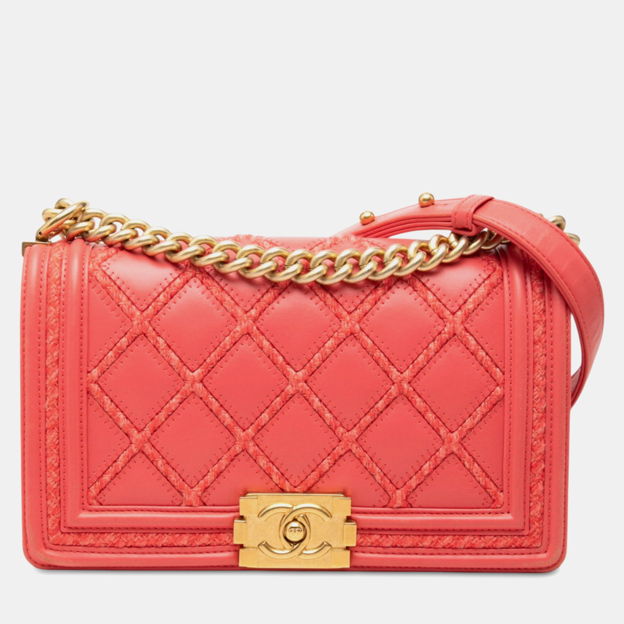 Chanel Old Medium Coral Stitched Lambskin Tweed Shoulder Bag