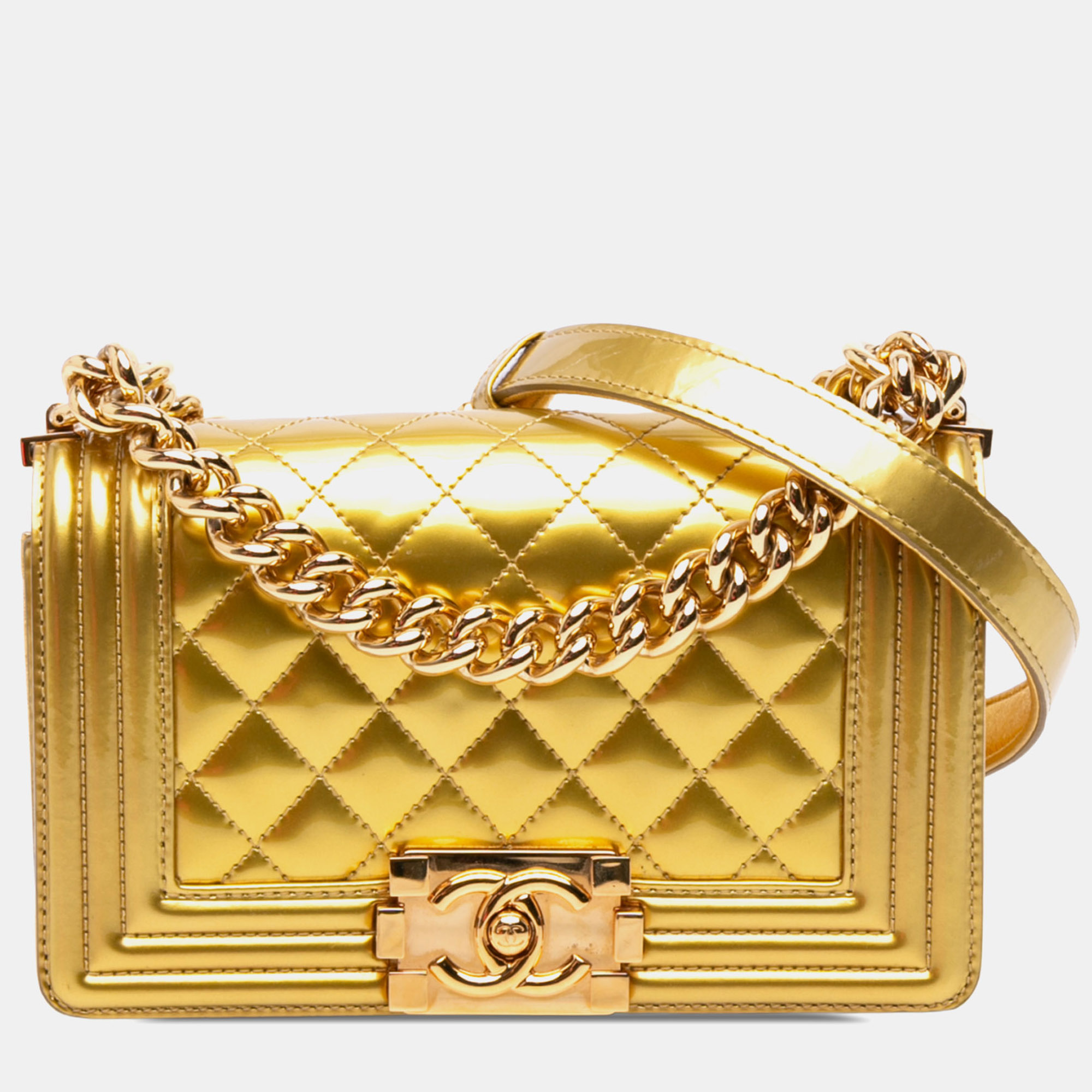 Chanel Boy Small Gold Metallic Patent Leather Shoulder Bag