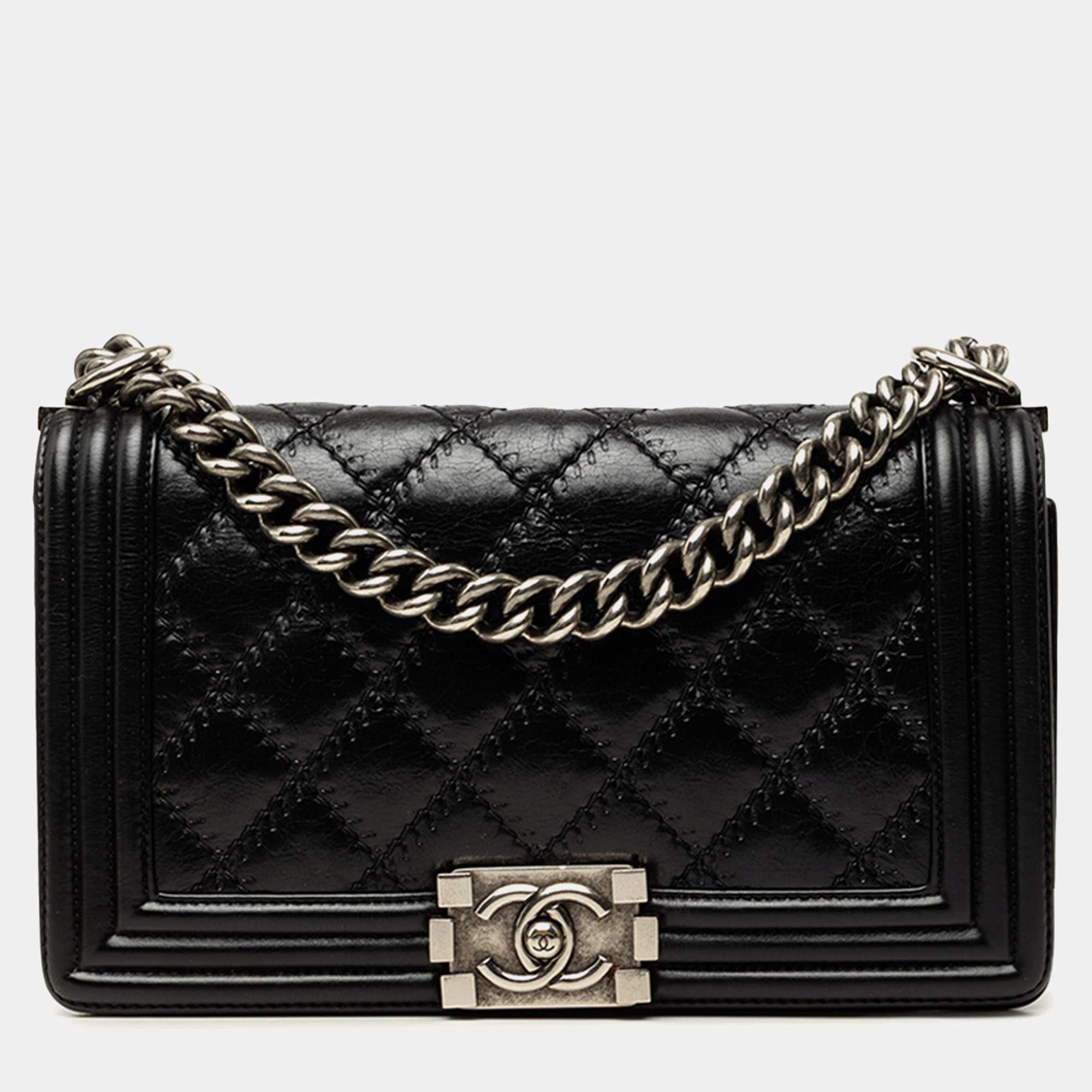 Chanel Boy Flap Old Medium Black Quilted Lambskin Double Stitch Shoulder Bag