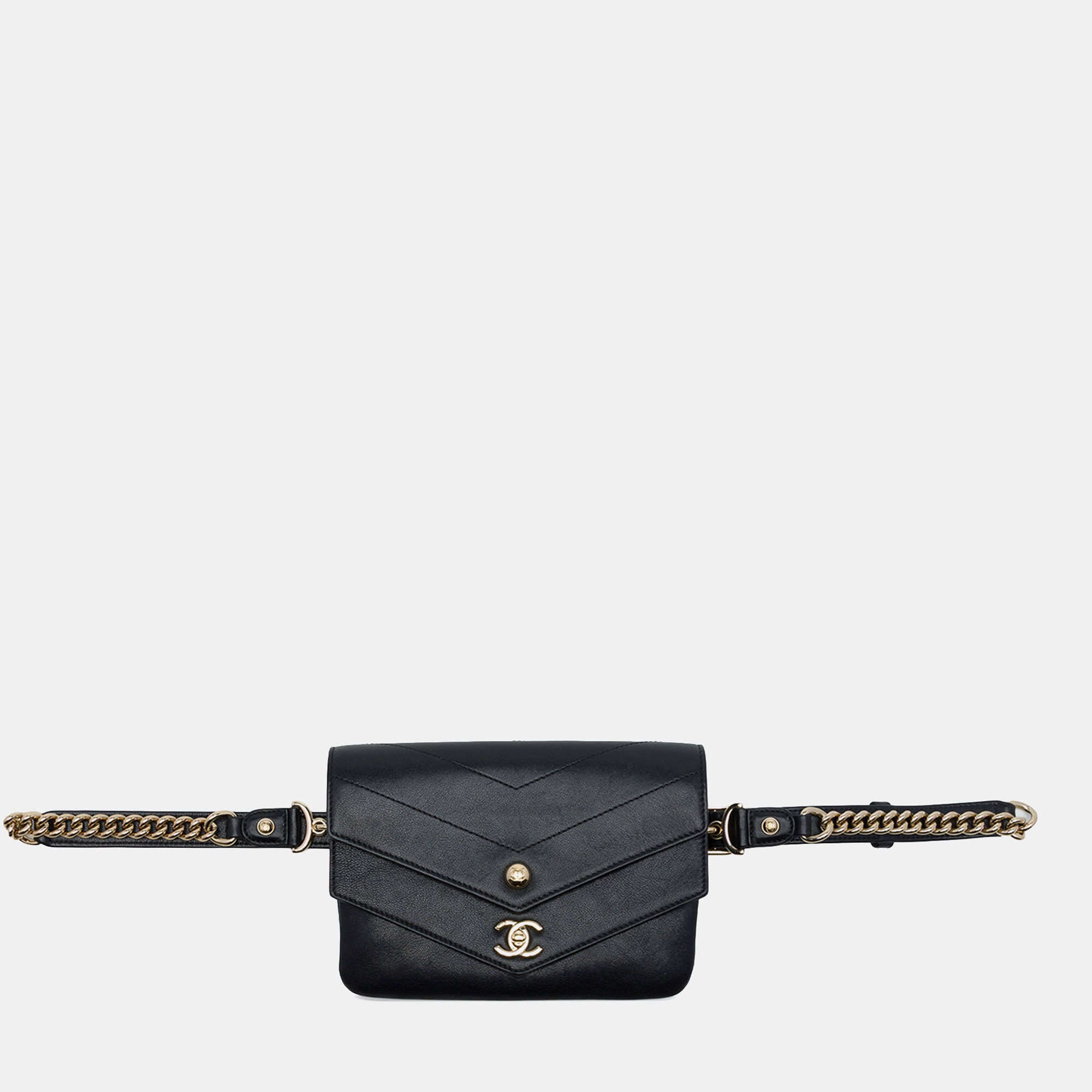 Chanel CC Chevron Mini Black Sheepskin Leather Envelope Belt Bag