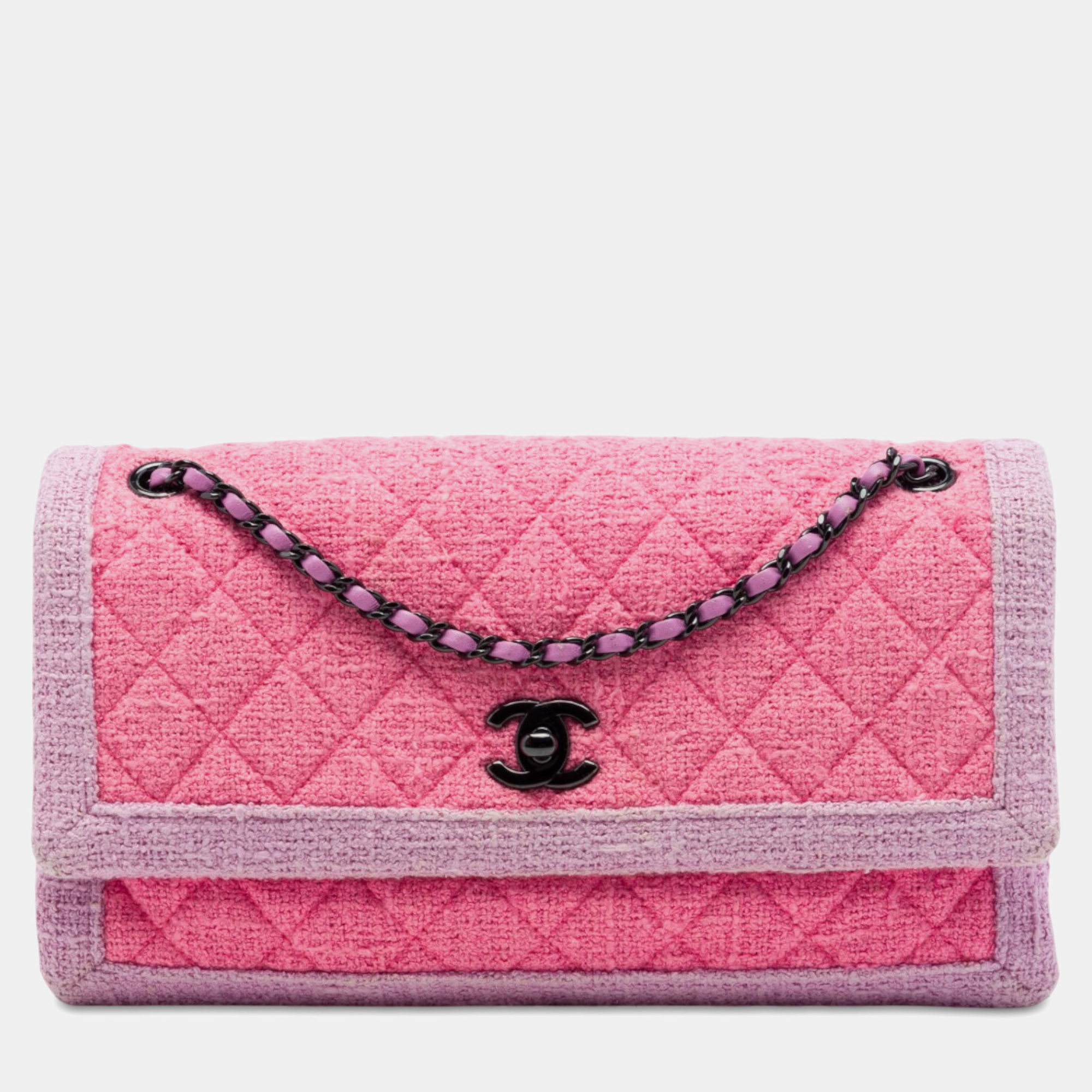 Chanel CC Quilted Tweed Accordion Flap Small Pink Purple Tweed Shoulder Bag