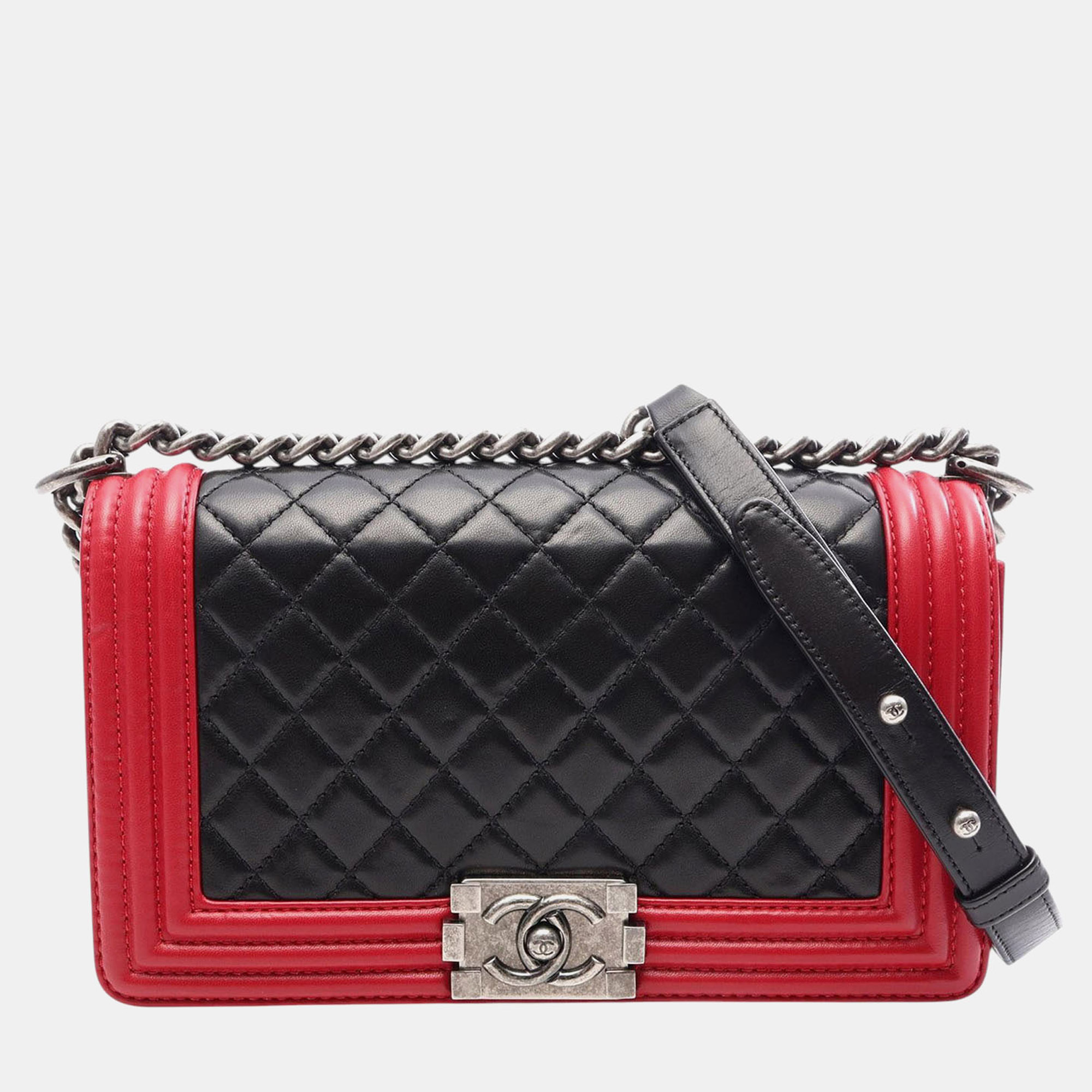 Chanel Boy Old Medium Black Red Quilted Lambskin Leather Shoulder Bag
