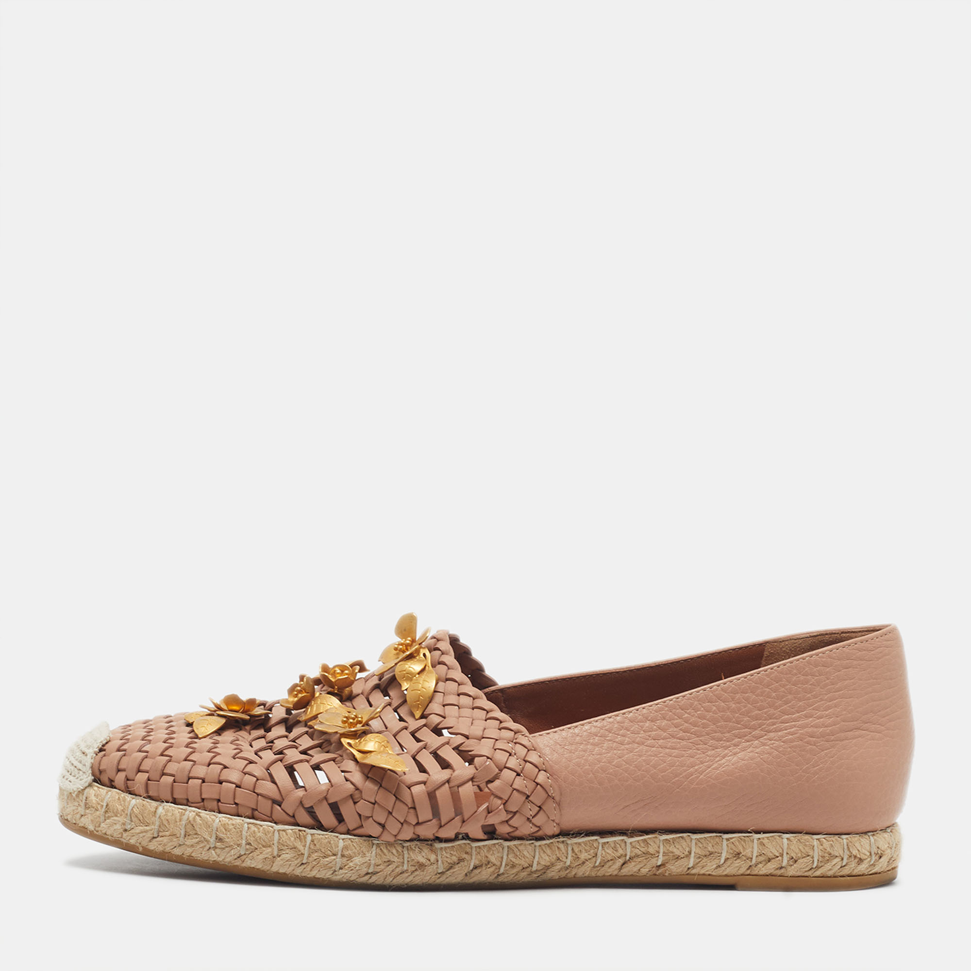 Valentino Size 38 Beige Woven Leather Flower Embellished Espadrille Flats