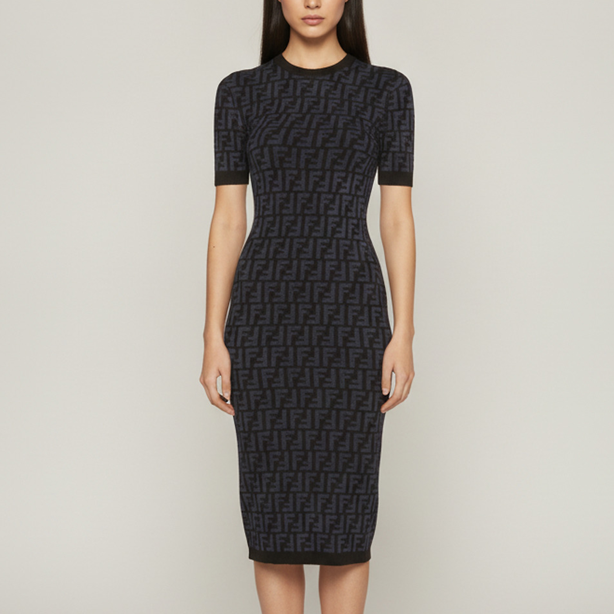 Fendi Blue/Black Zucca Jacquard Knit Bodycon Midi Dress S