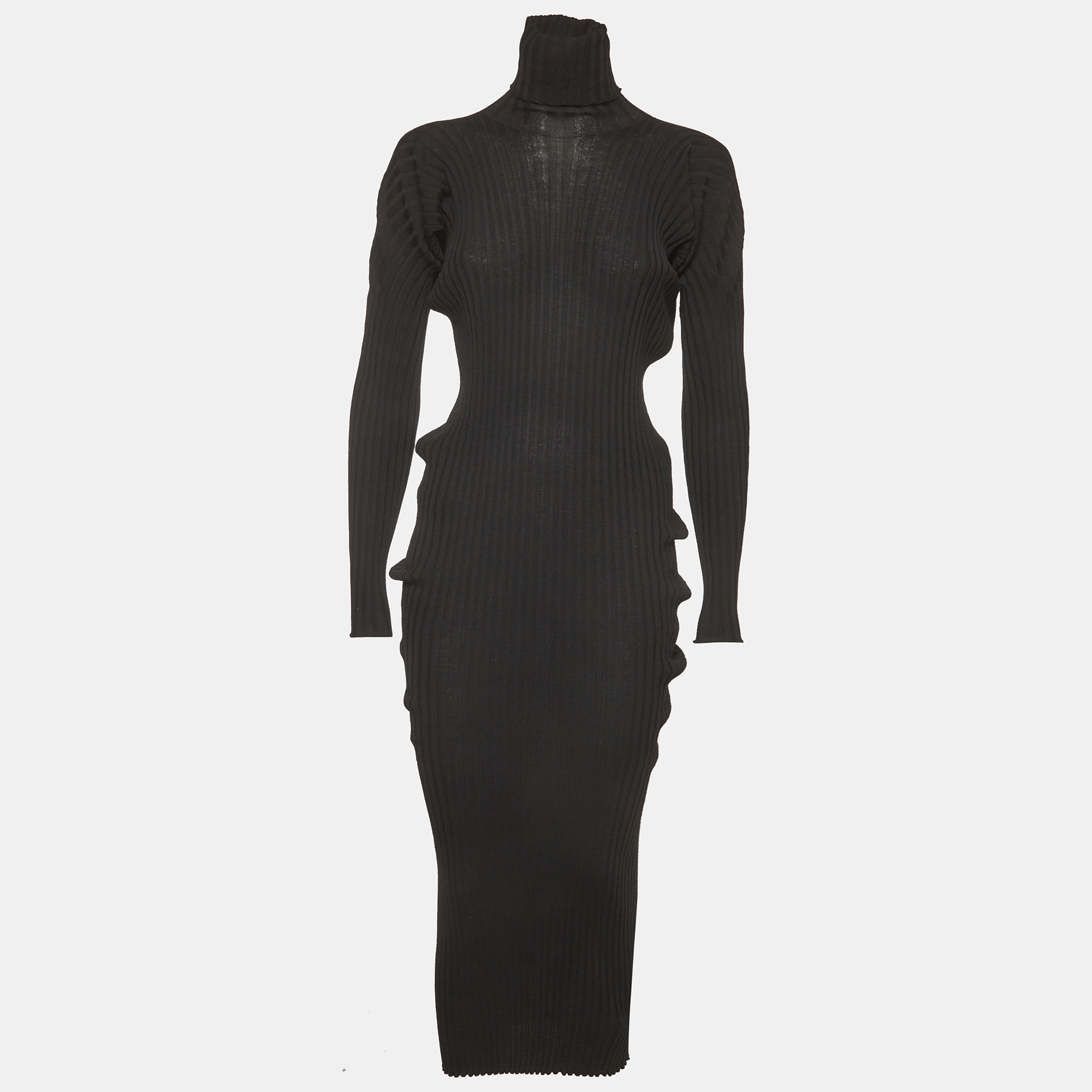 Bottega Veneta Black Wool Rib Knit Turtleneck Midi Dress XS