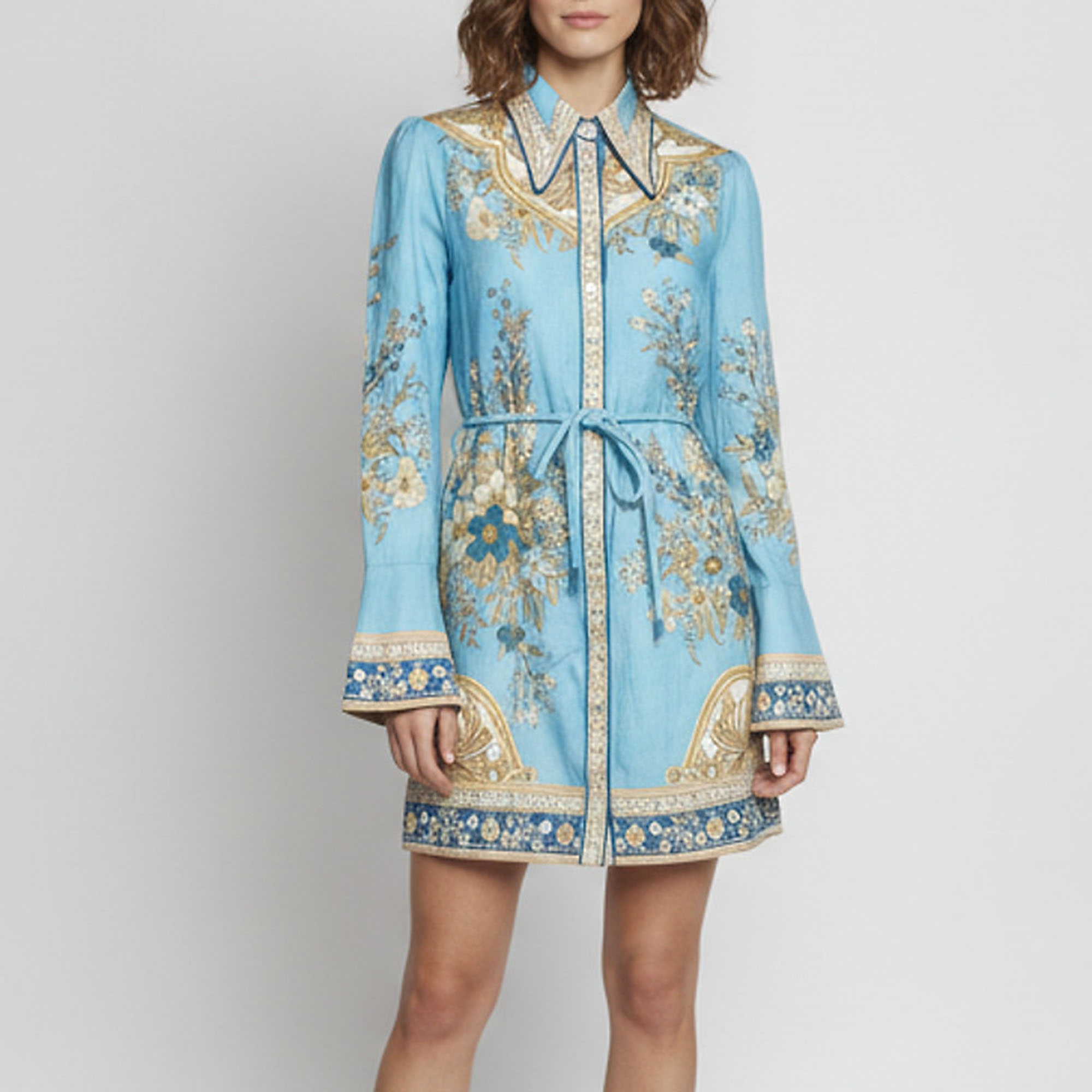 Alemais Blue Floral Print Linen Belted Cassie Mini Dress S