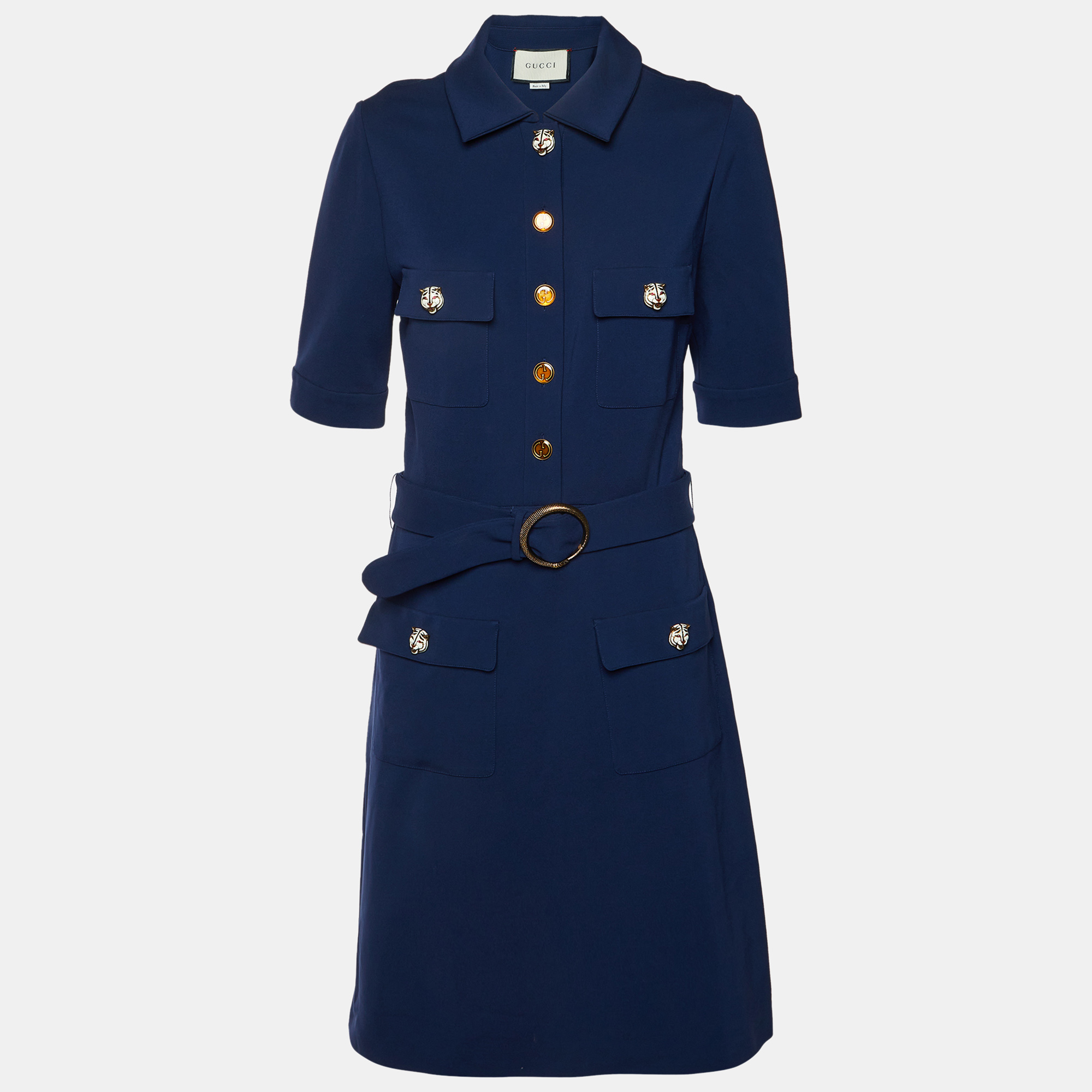 Gucci Navy Blue Crepe Belted Knee Length Dress XL