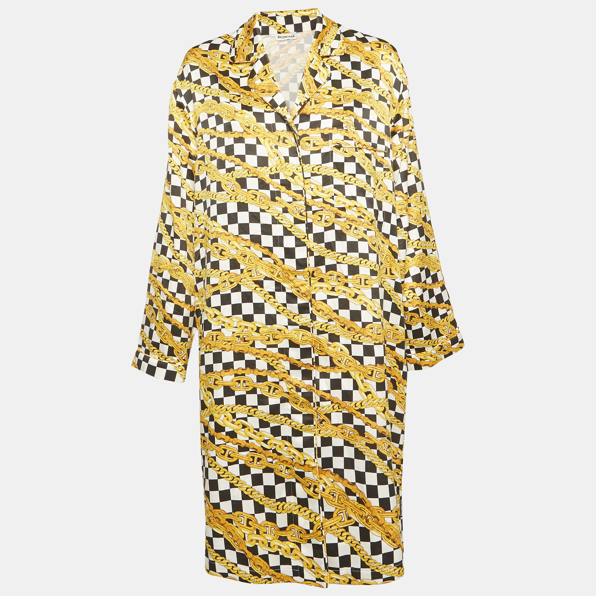 Balenciaga White/Black Checked Chain Print Satin Pajama Shirt Dress S