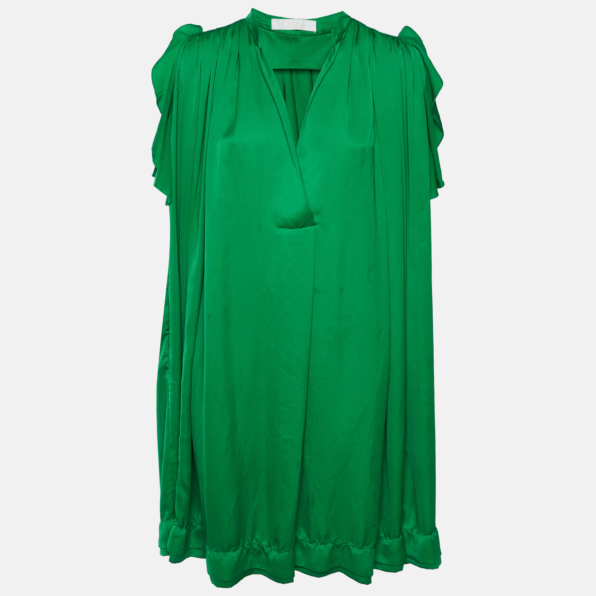 Chloe Green Satin Sleeveless Flared Tunic Dress M