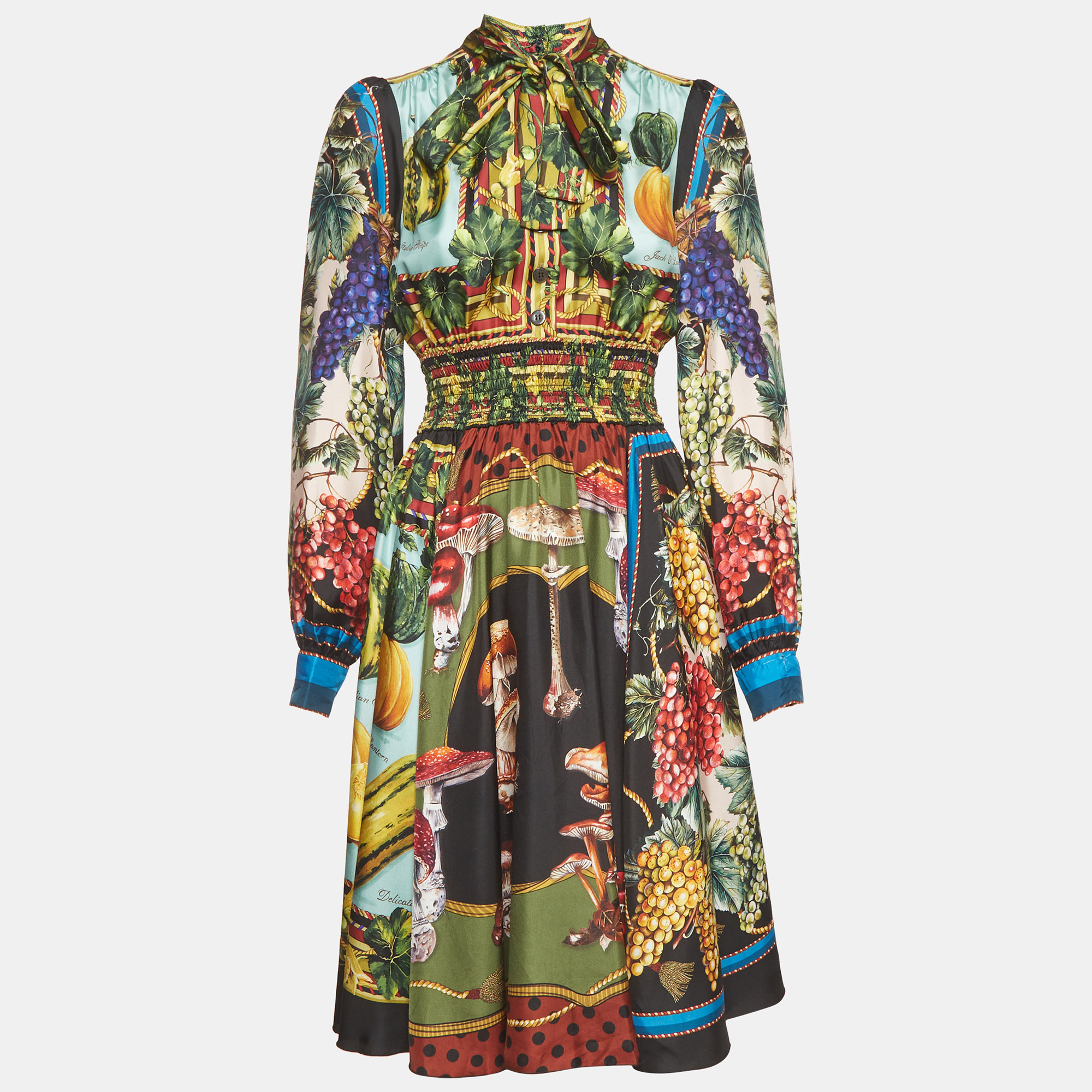 Dolce & Gabbana Multicolor Printed Satin Silk Neck Tie Midi Dress S