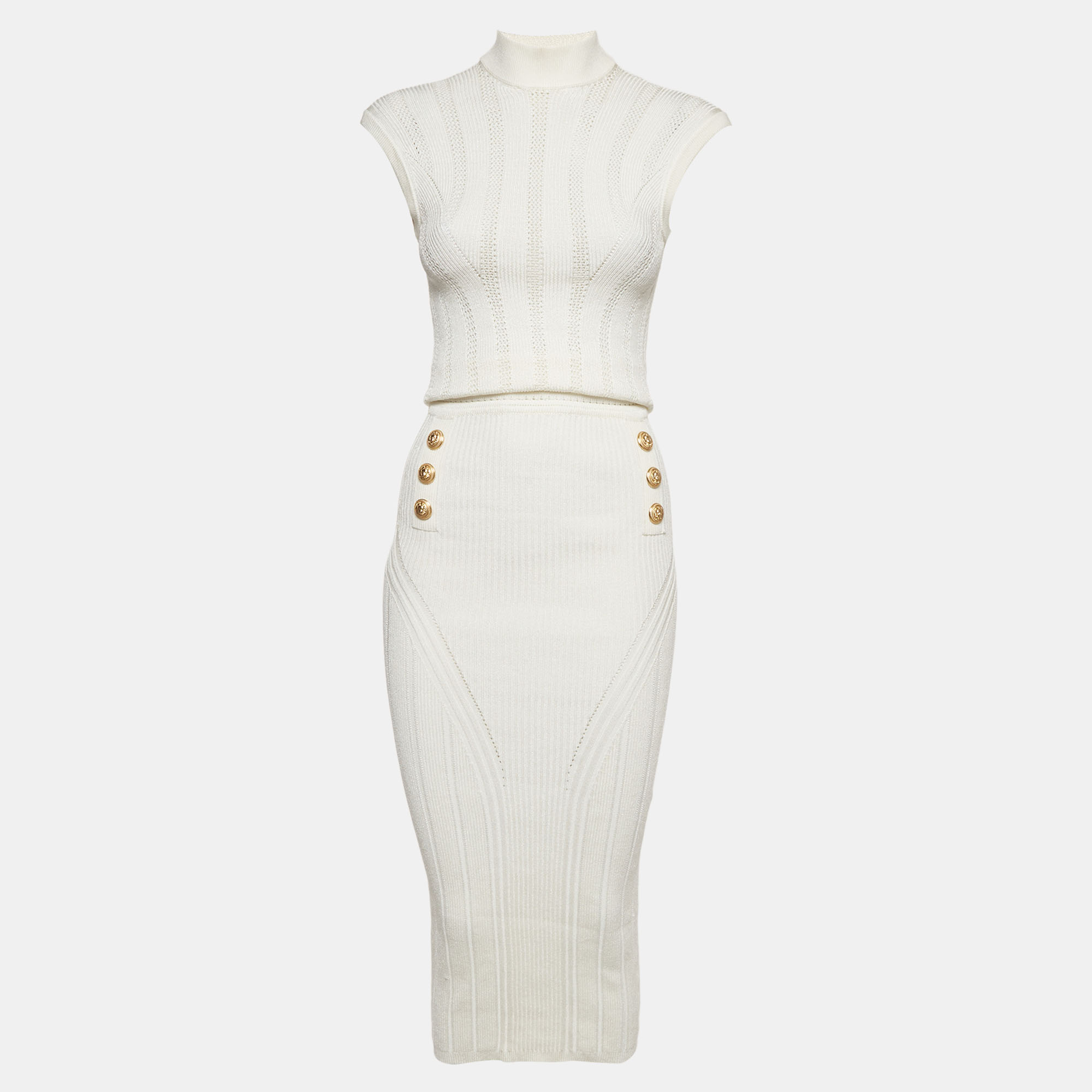 Balmain White Rib Knit Button Embellished Backless Midi Dress S