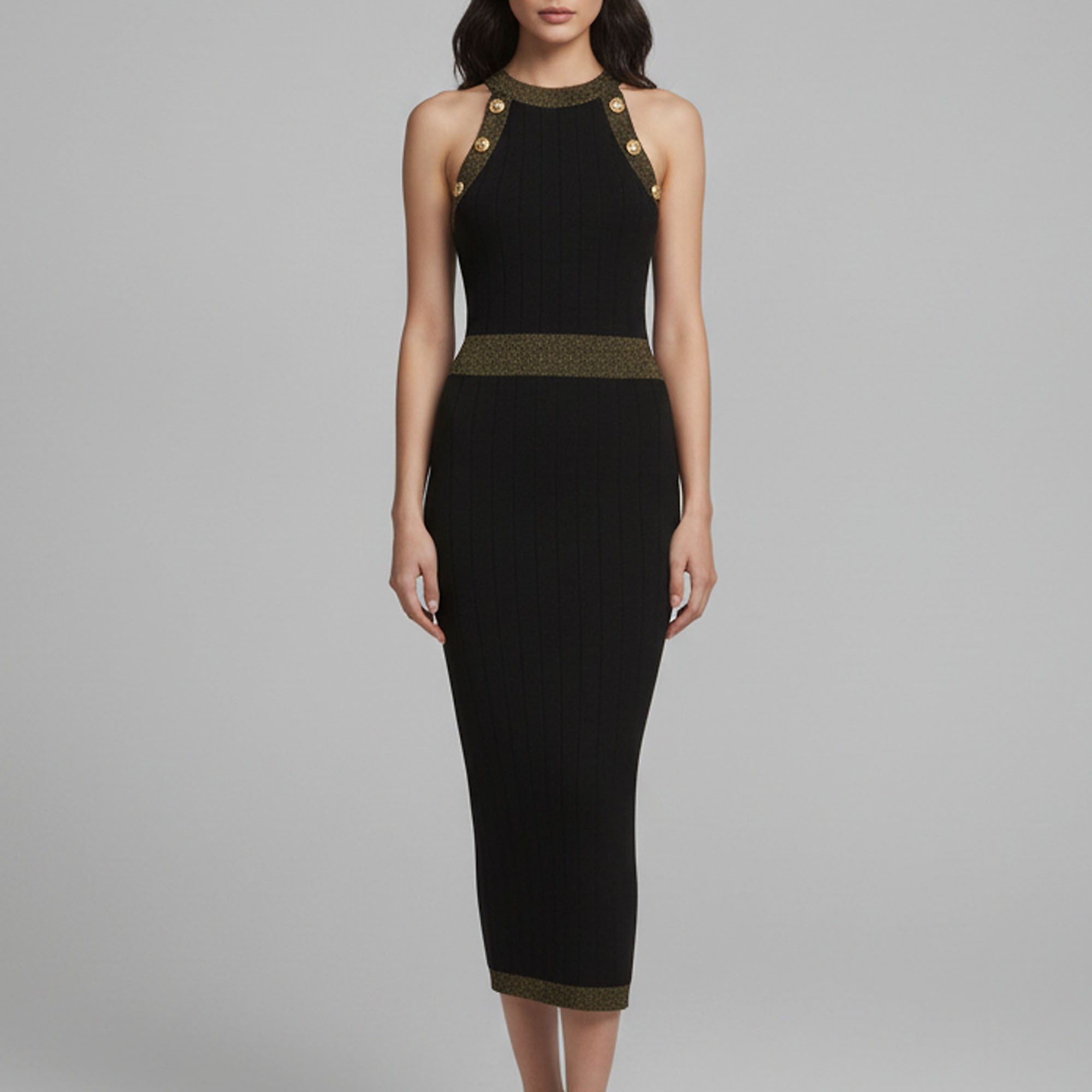 Balmain Black Lurex Rib Knit Button Embellished Midi Dress S